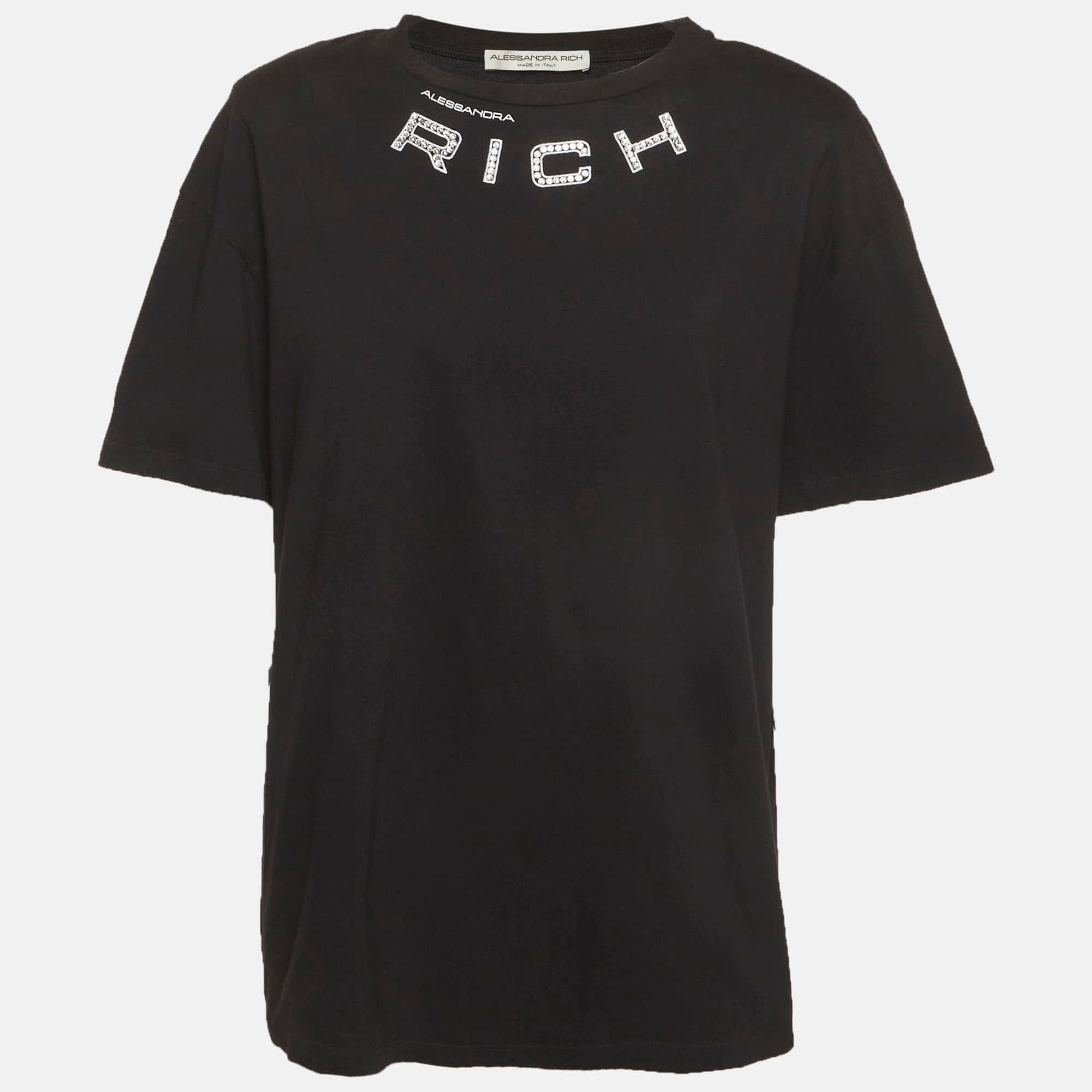 Alessandra Rich Black Cotton Logo Embellished Structured T - Shirt