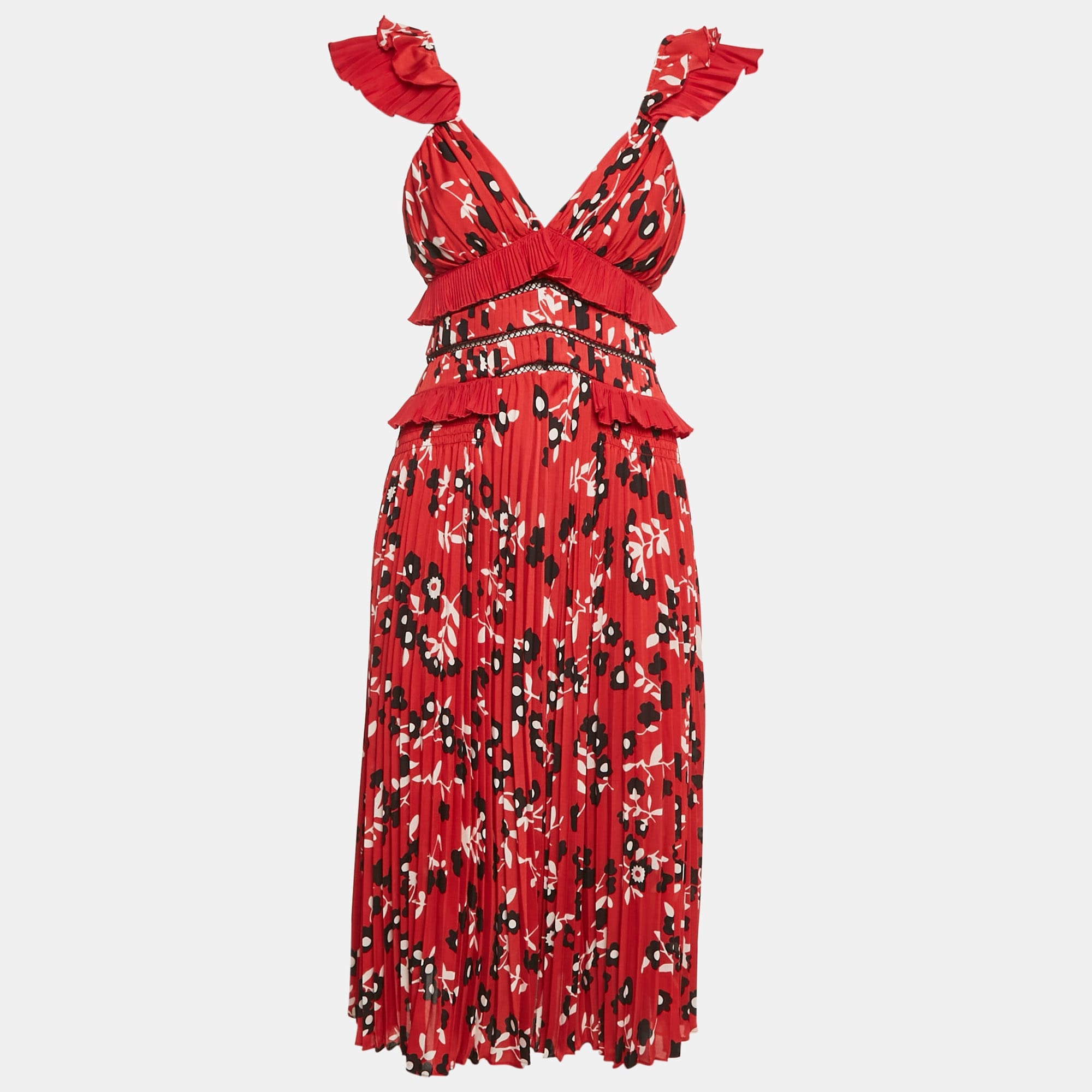 PLISSÈ Red Floral Print Plisse Ruffled Midi Dress