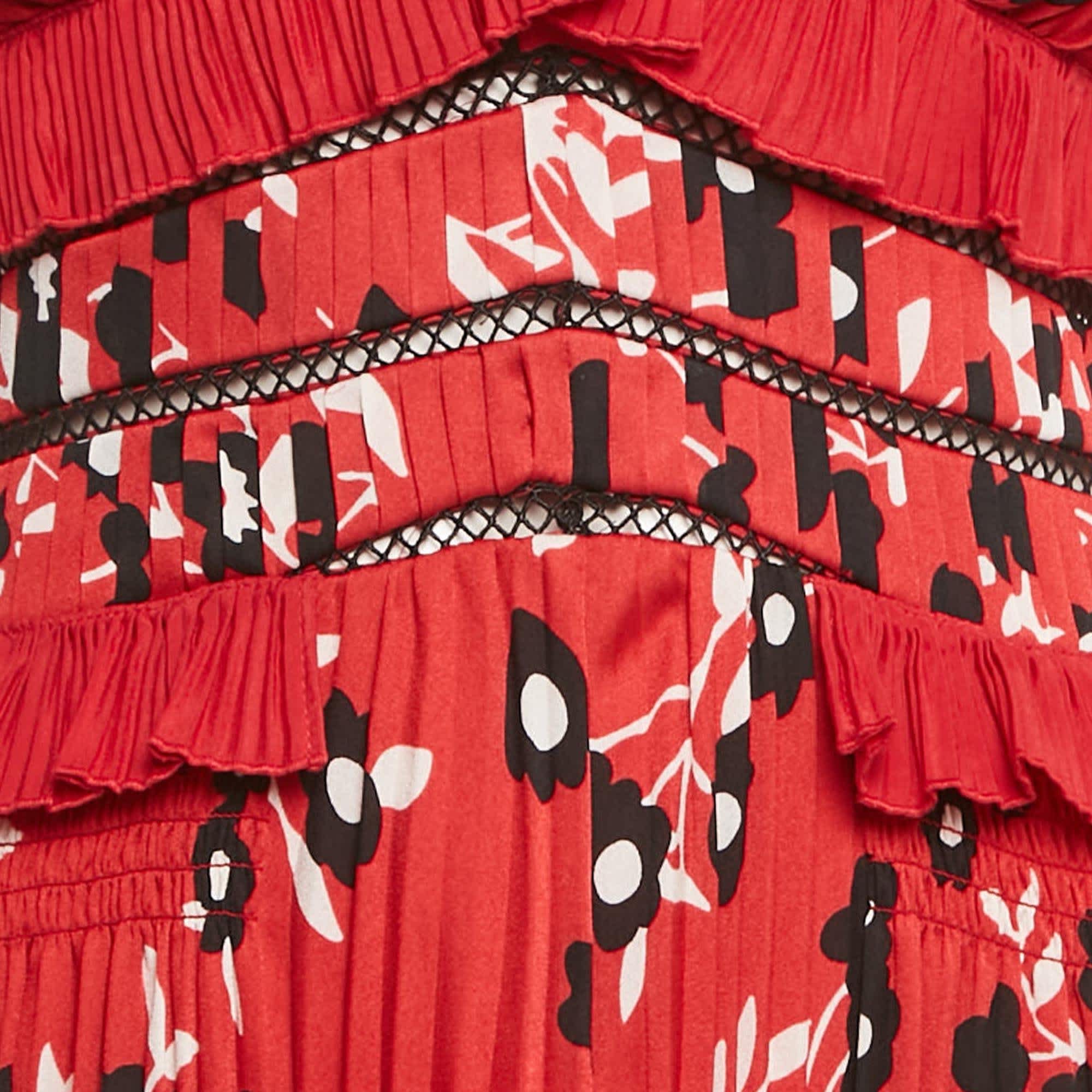 PLISSÈ Red Floral Print Plisse Ruffled Midi Dress