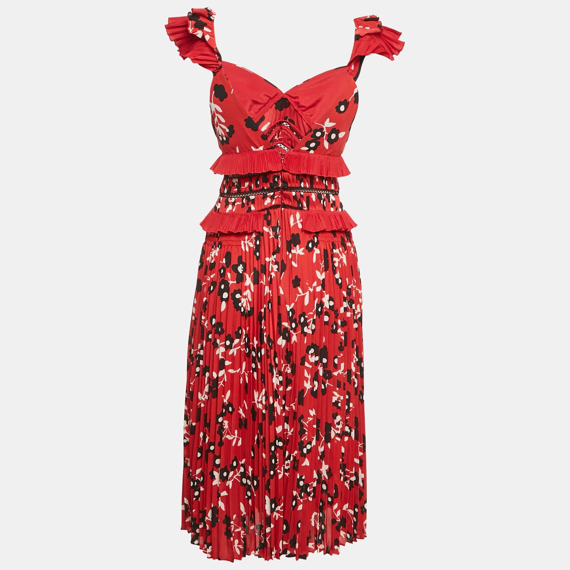 PLISSÈ Red Floral Print Plisse Ruffled Midi Dress