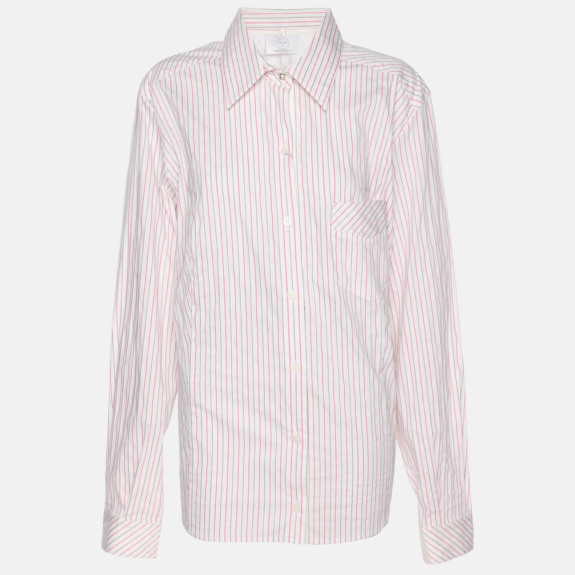 Marina Rinaldi Voyage By Marina Rinaldi Pink/white Stripe Cotton Blend Removable Collar Long Sleeve Shirt