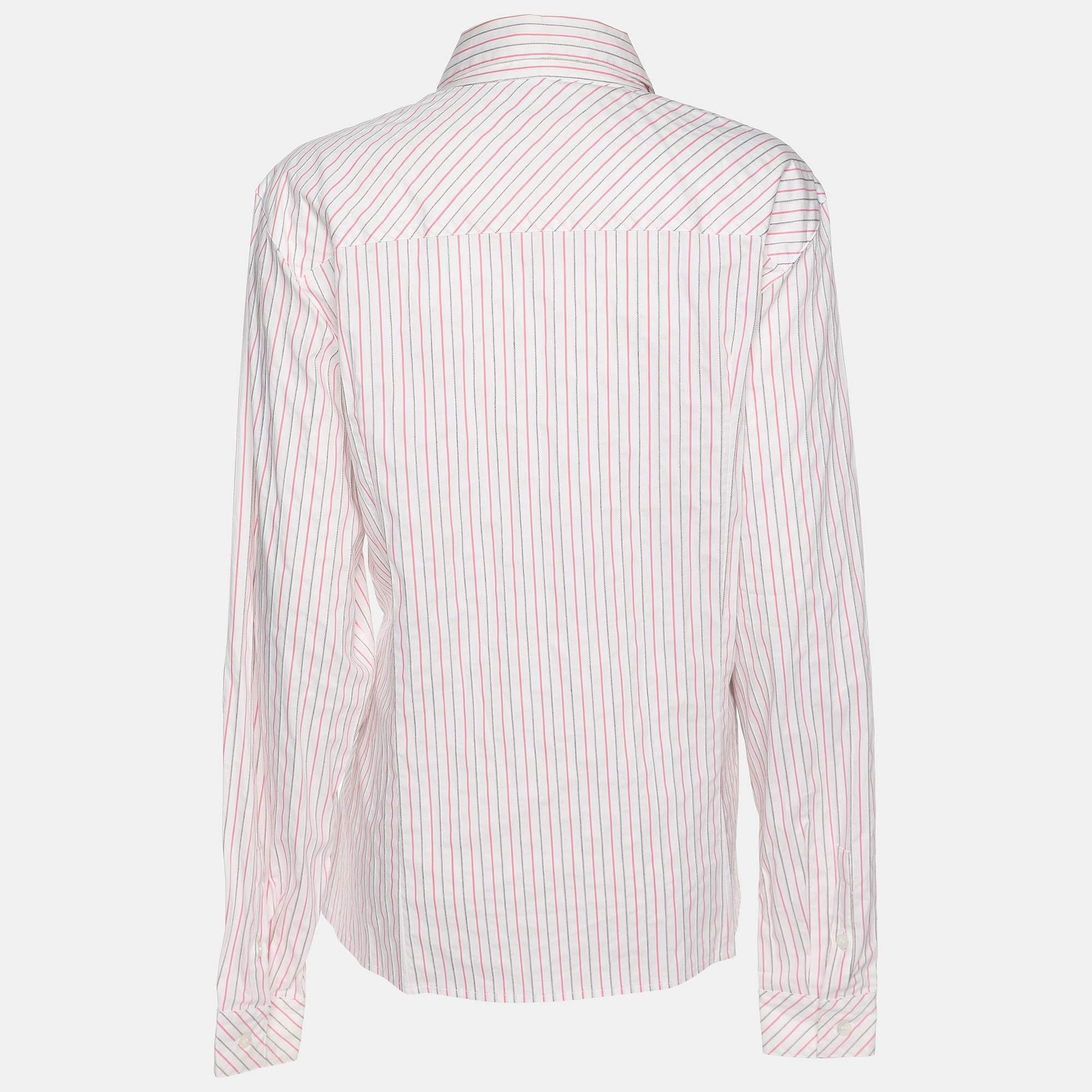 Marina Rinaldi Voyage By Marina Rinaldi Pink/white Stripe Cotton Blend Removable Collar Long Sleeve Shirt