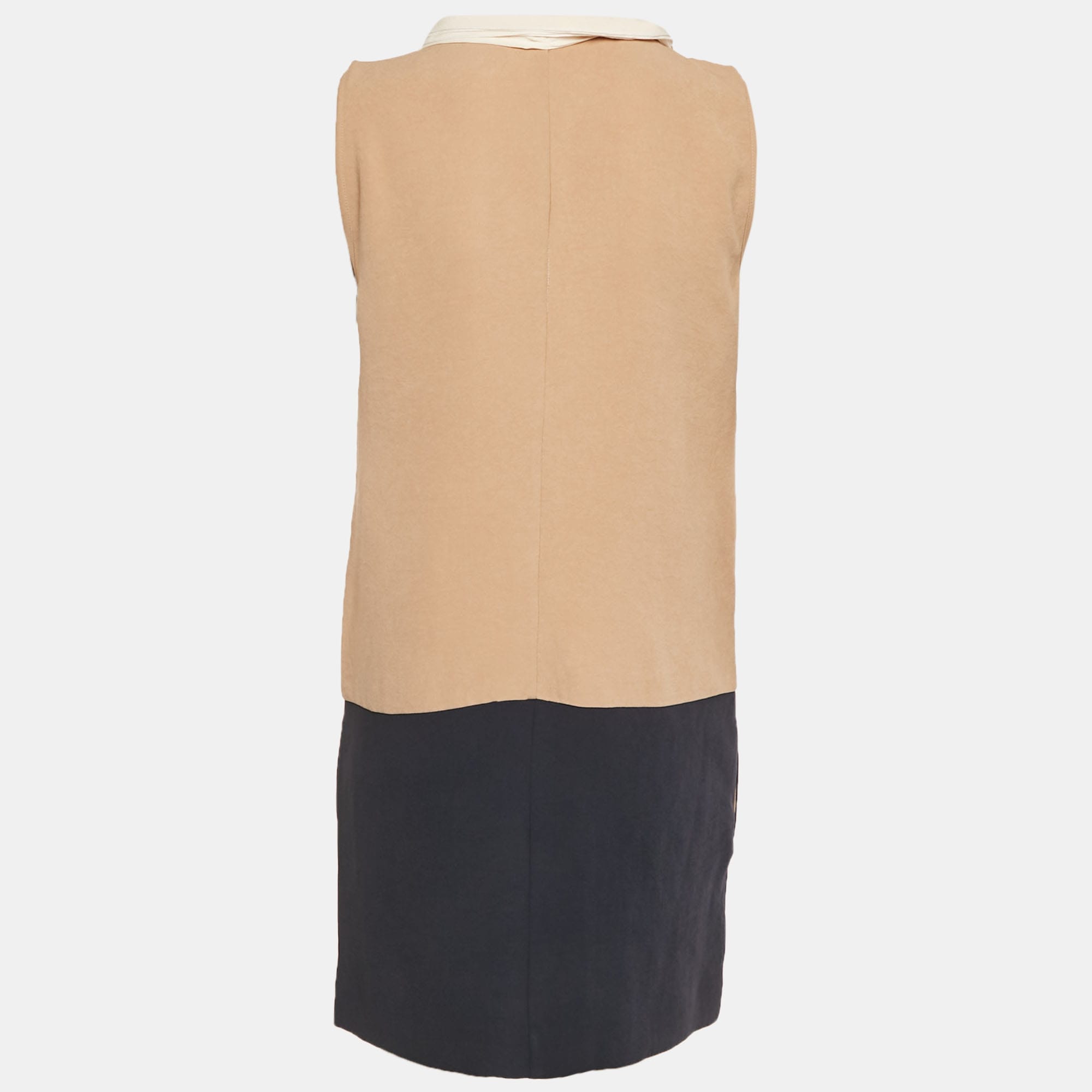 Blue Beige/navy Blue Crepe Neck - Tie Mini Dress