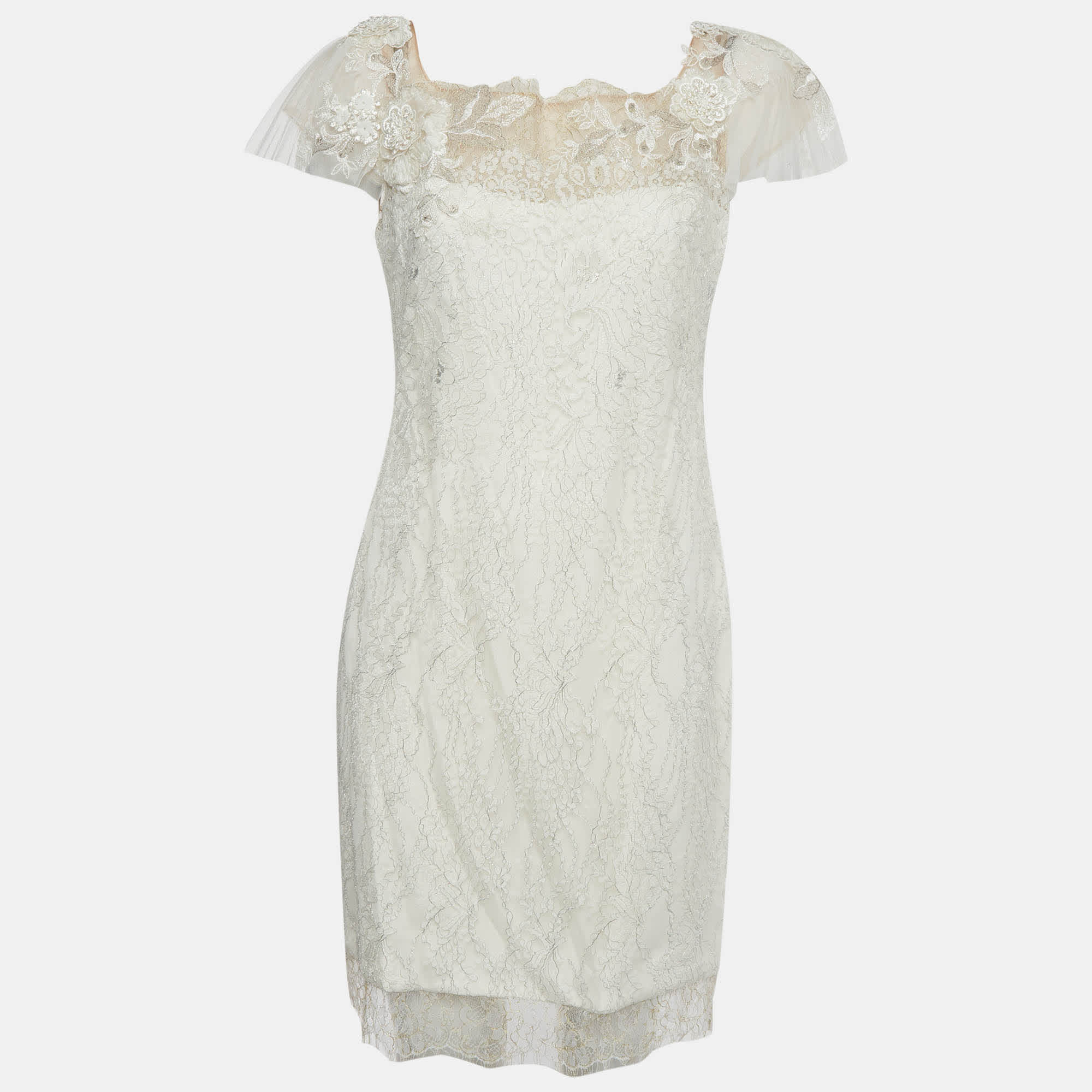 Marchesa Notte White Metallic Lace Mini Dress