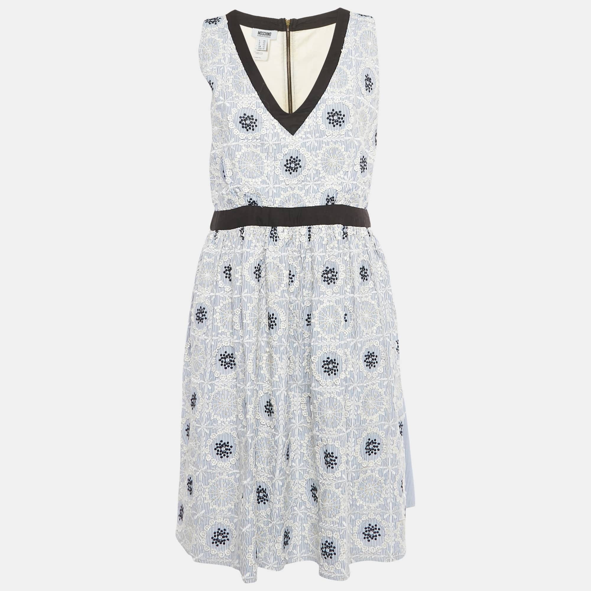 WHITE* Cheap And Chic Blue /white Striped Embroidered Cotton Blend Midi Dress