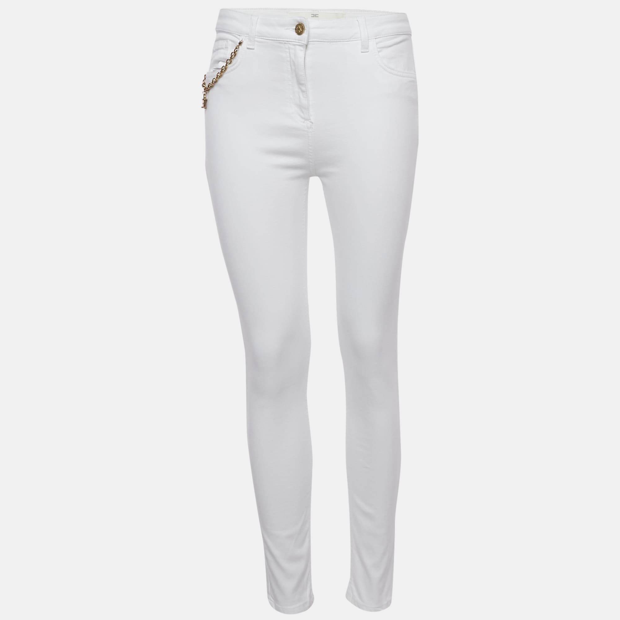 White Cotton Lock Charm Detail Skinny Jeans M Waist 29"