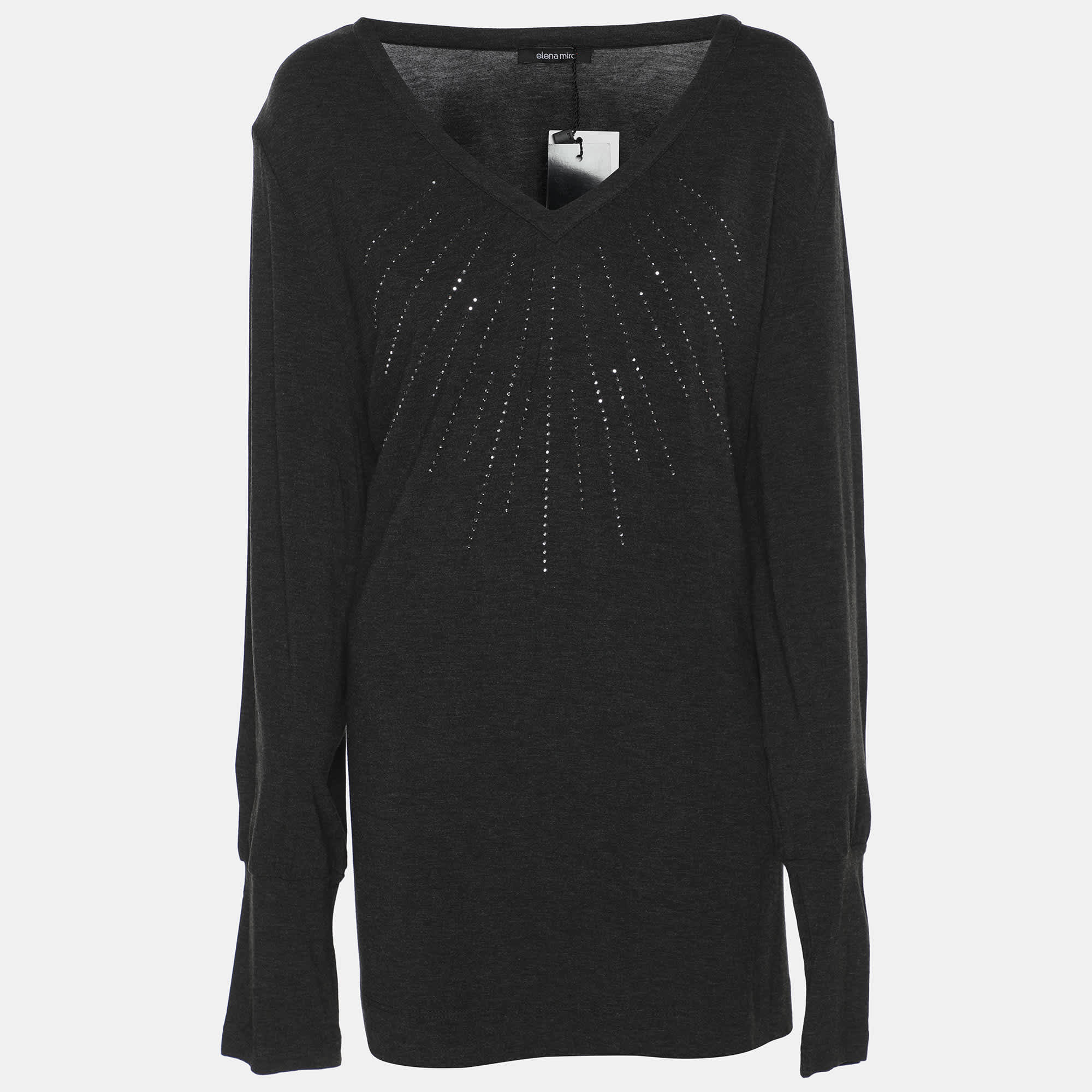 Elena Miro Dark Grey Jersey Embellished V Neck Top