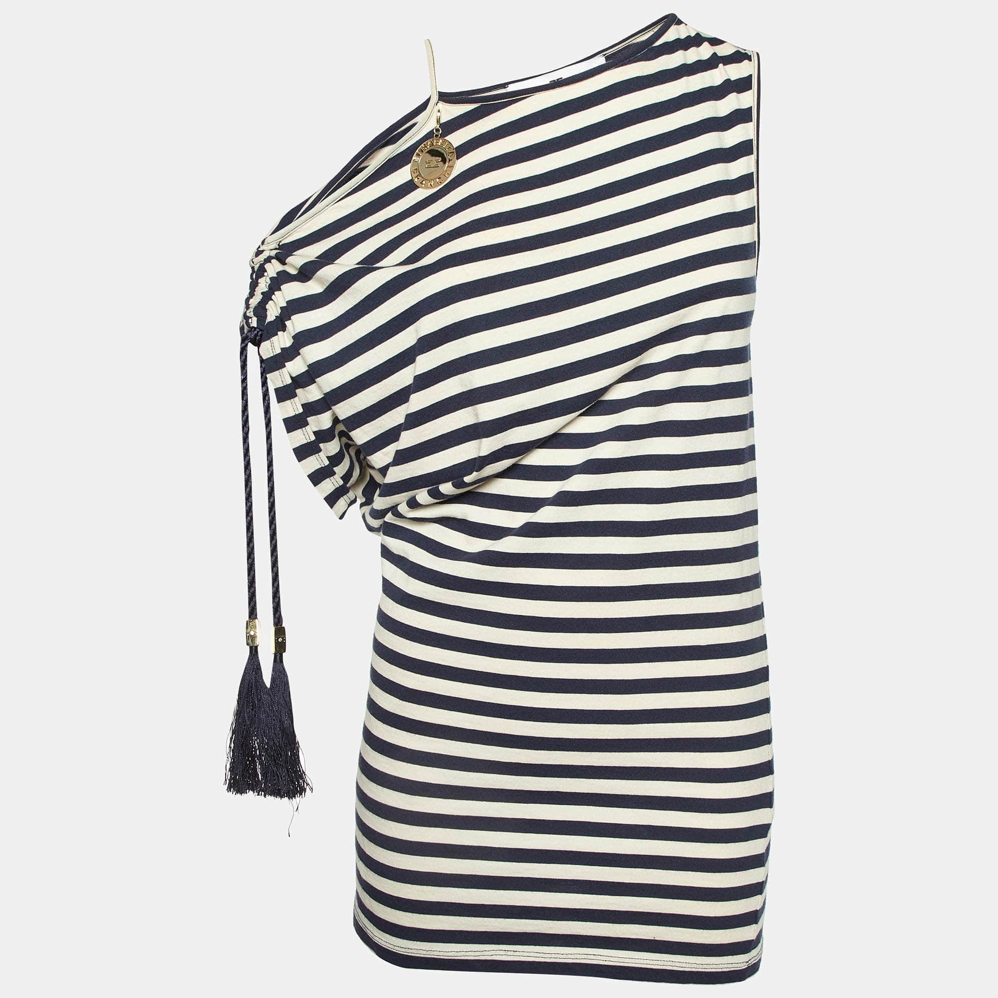 Blue Jeans Marine Blue Striped Jersey Asymmetric Top