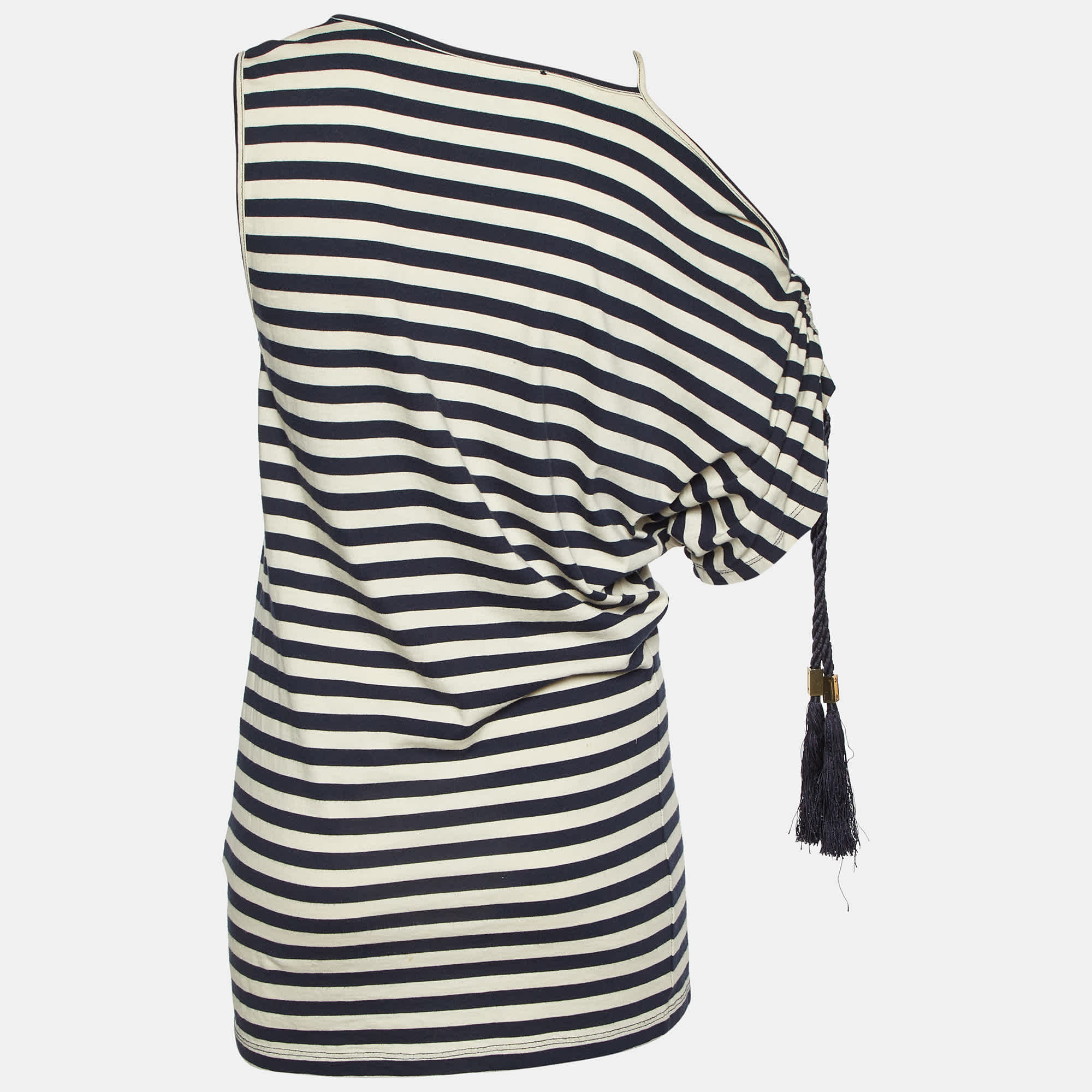 Blue Jeans Marine Blue Striped Jersey Asymmetric Top
