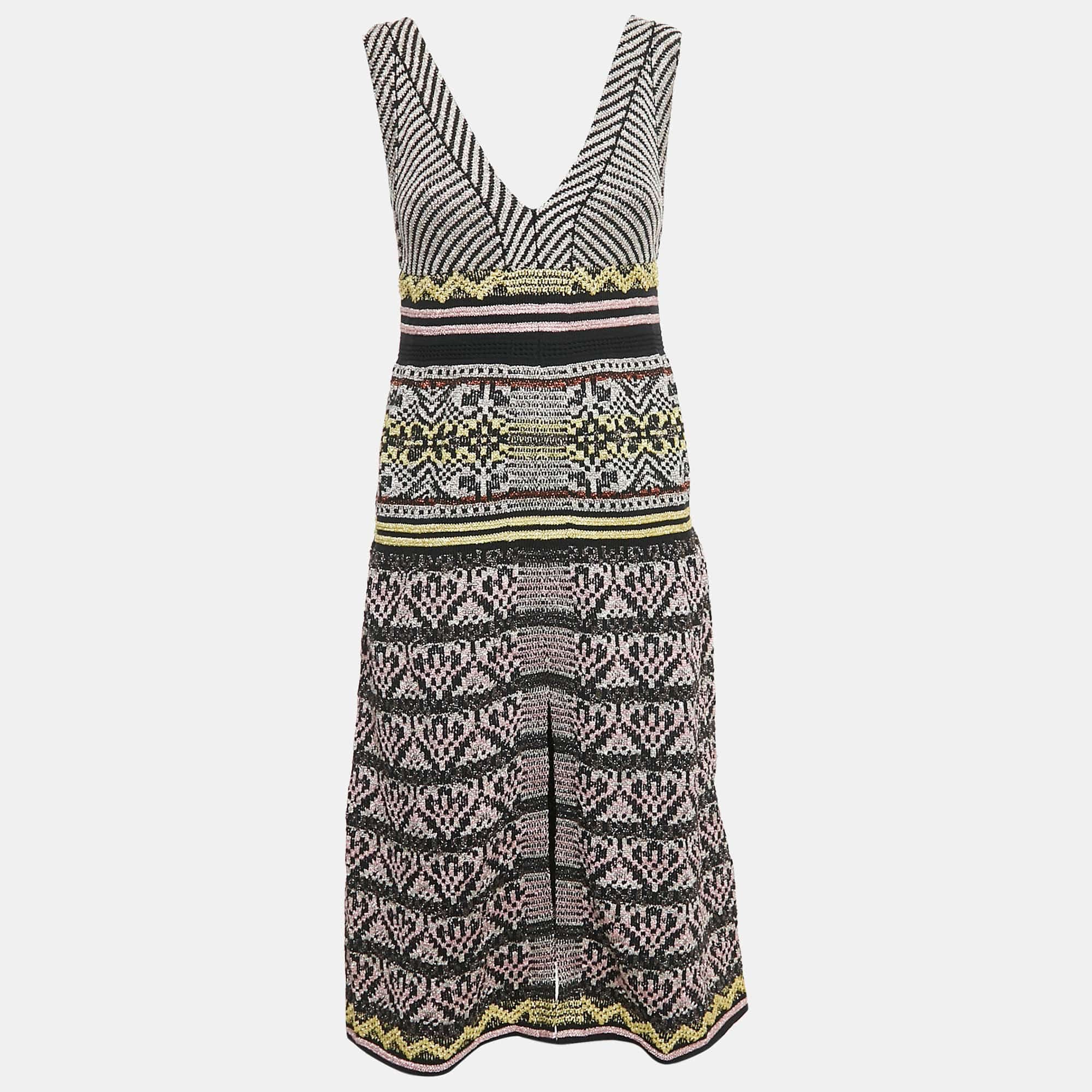 M Missoni Multicolor Patterned Lurex Knit V - Neck Sleeveless Dress