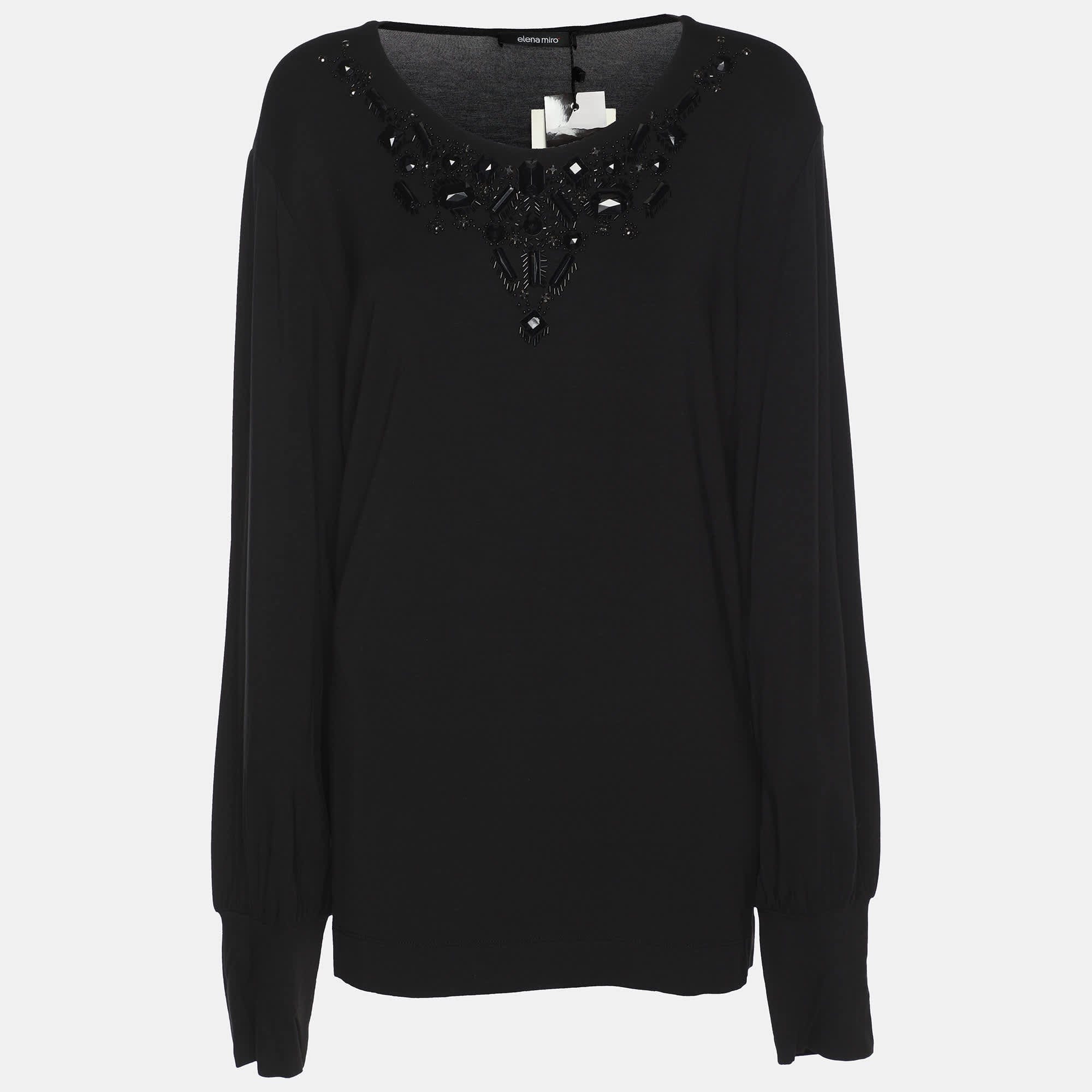 Elena Miro Black Jersey Embellished Long Sleeve Sweater