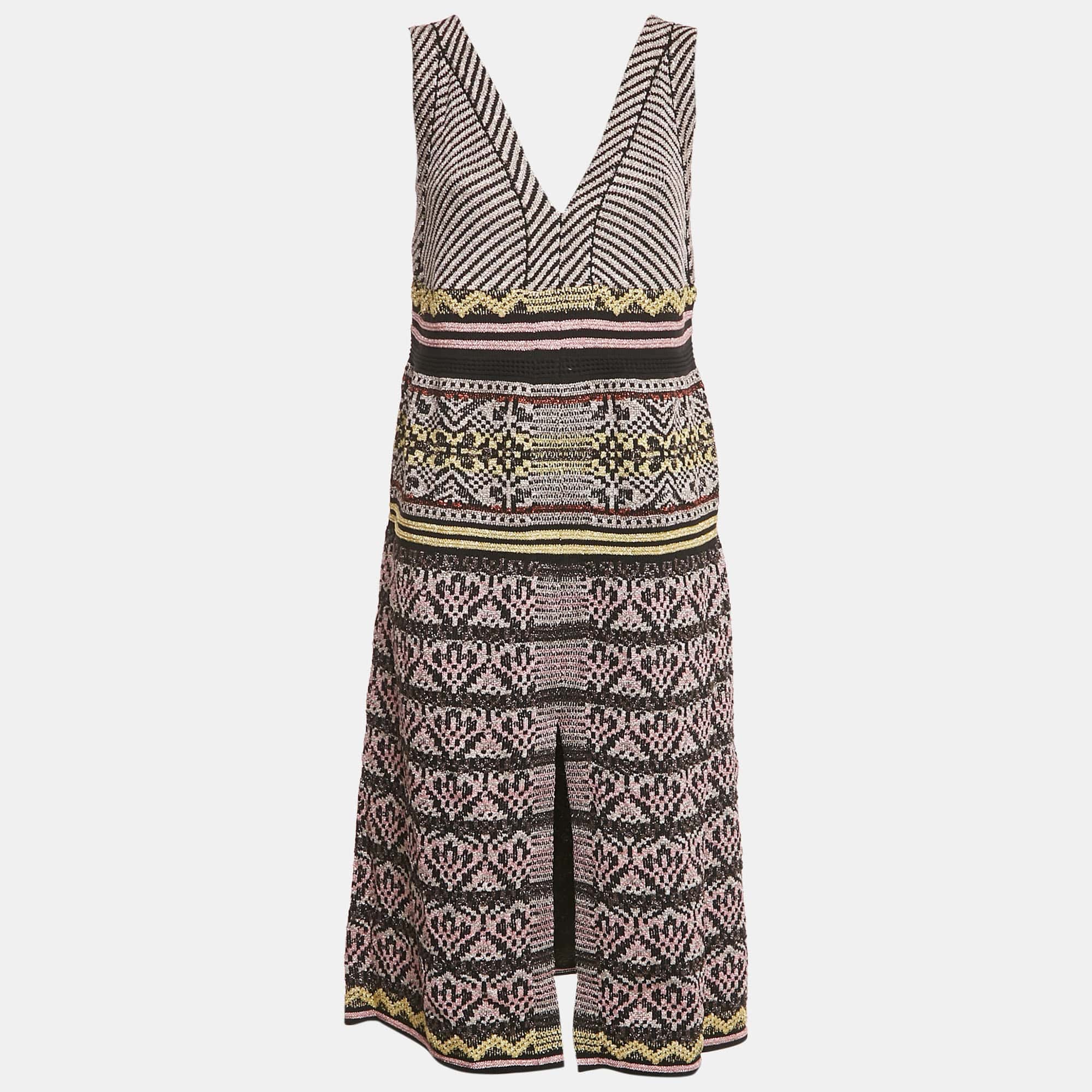 M Missoni Black/pink Patterned Lurex Knit V - Neck Midi Dress