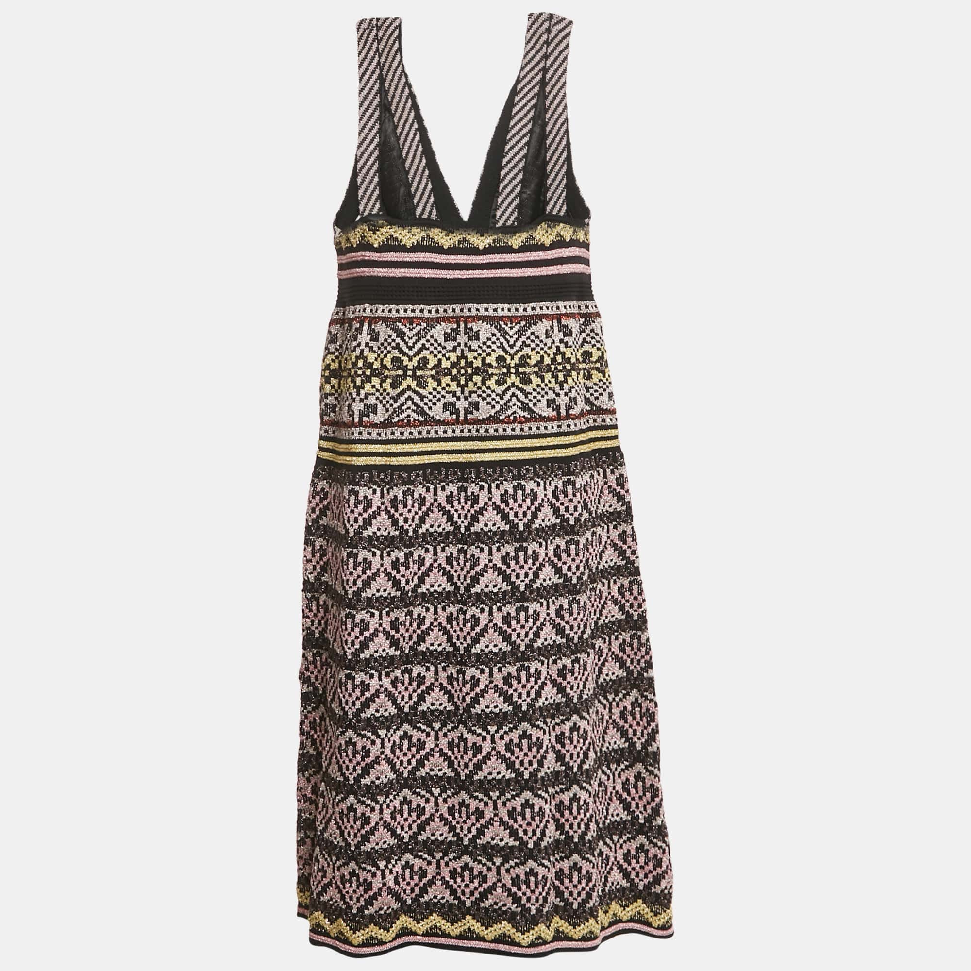 M Missoni Black/pink Patterned Lurex Knit V - Neck Midi Dress