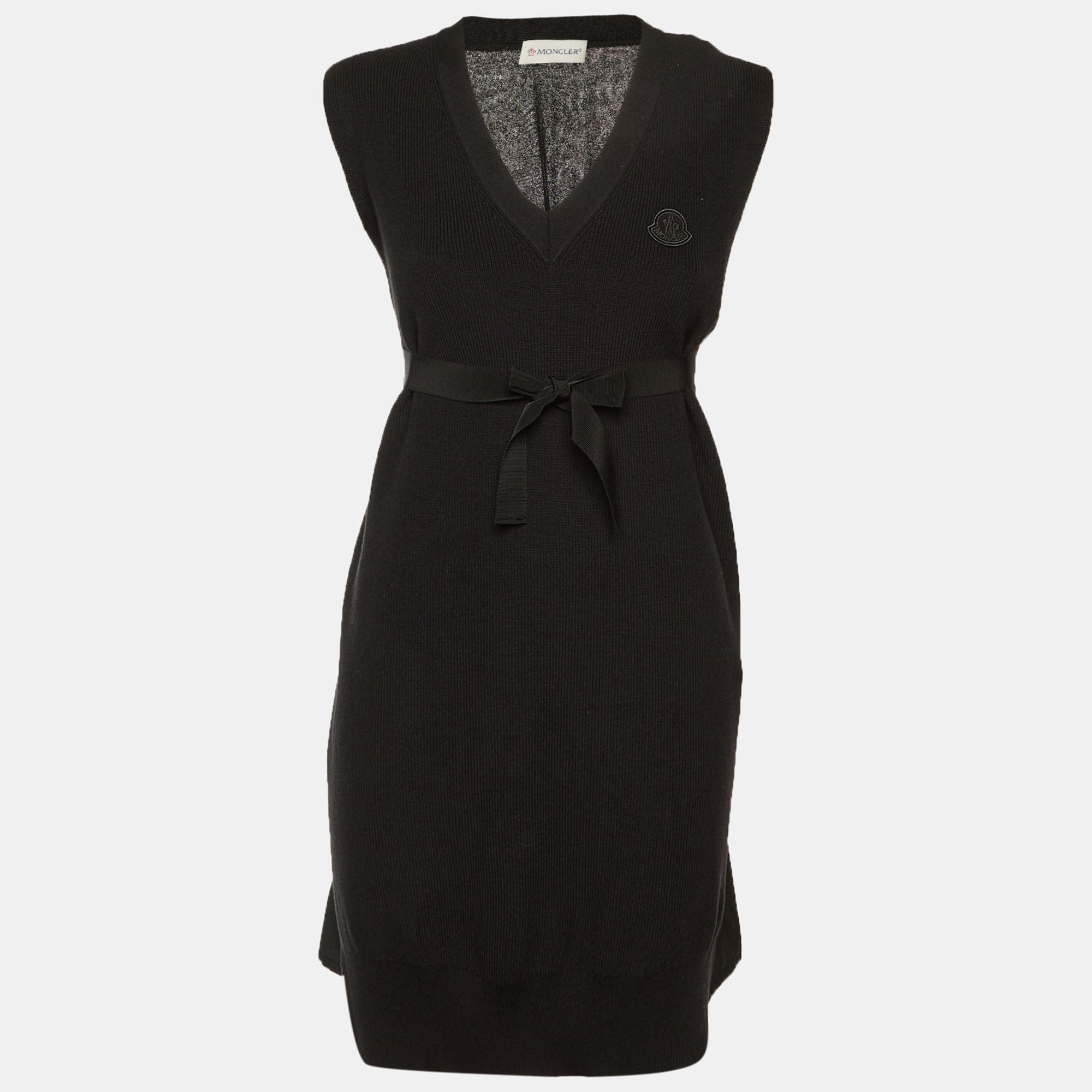 CASHMERE Moncler Black Cotton & Cashmere Blend Logo Applique Sweater Mini Dress