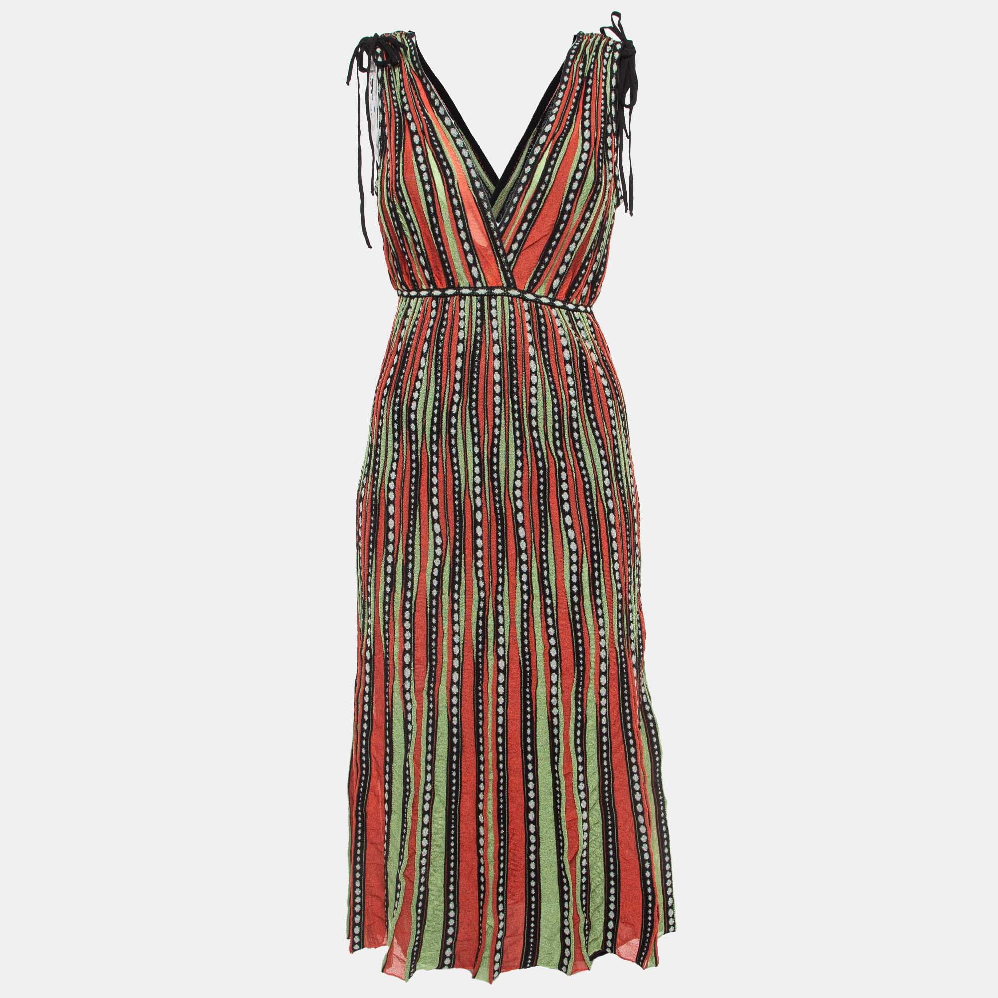 M Missoni Green/orange Alga And Bubble Pattern Knit Midi Dress