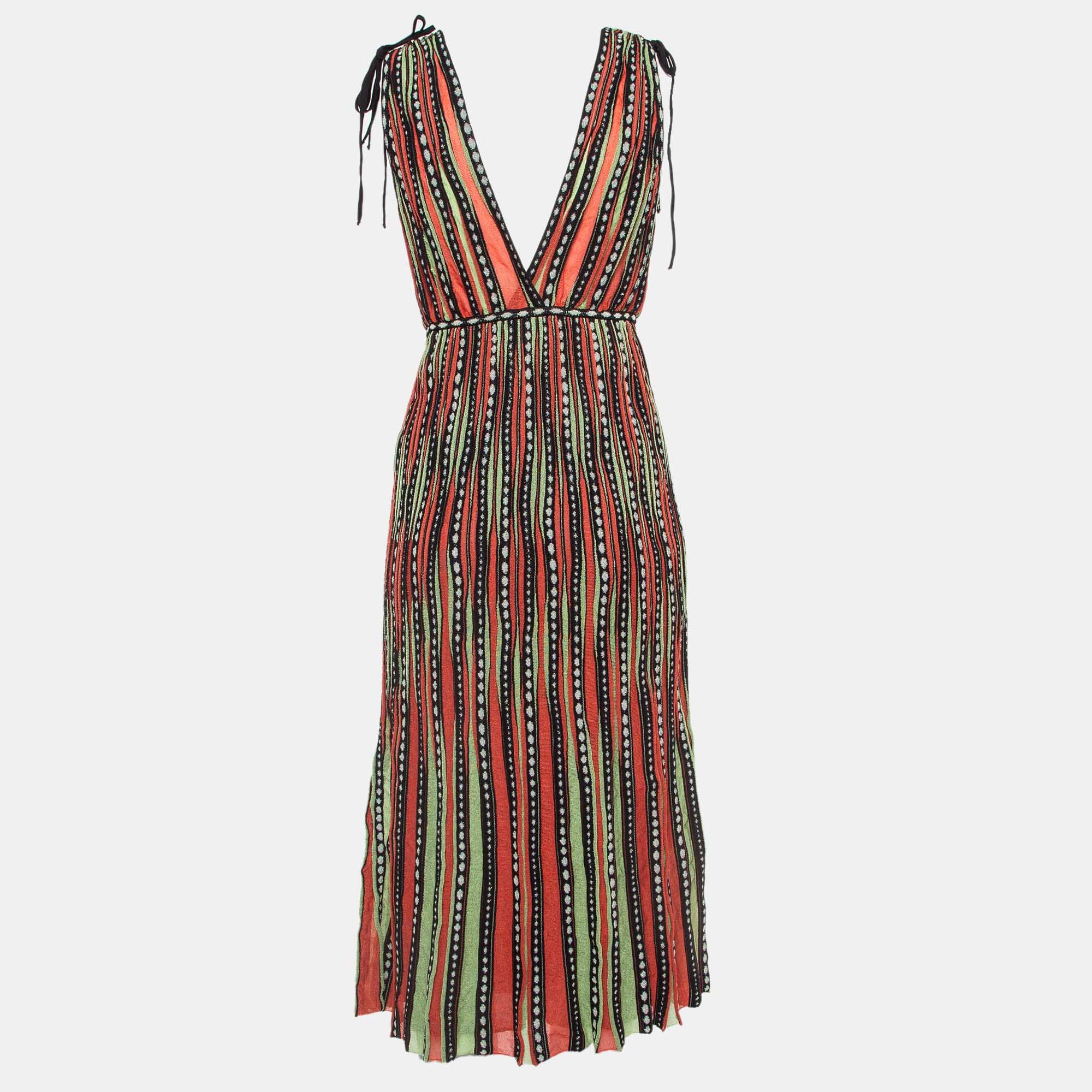 M Missoni Green/orange Alga And Bubble Pattern Knit Midi Dress