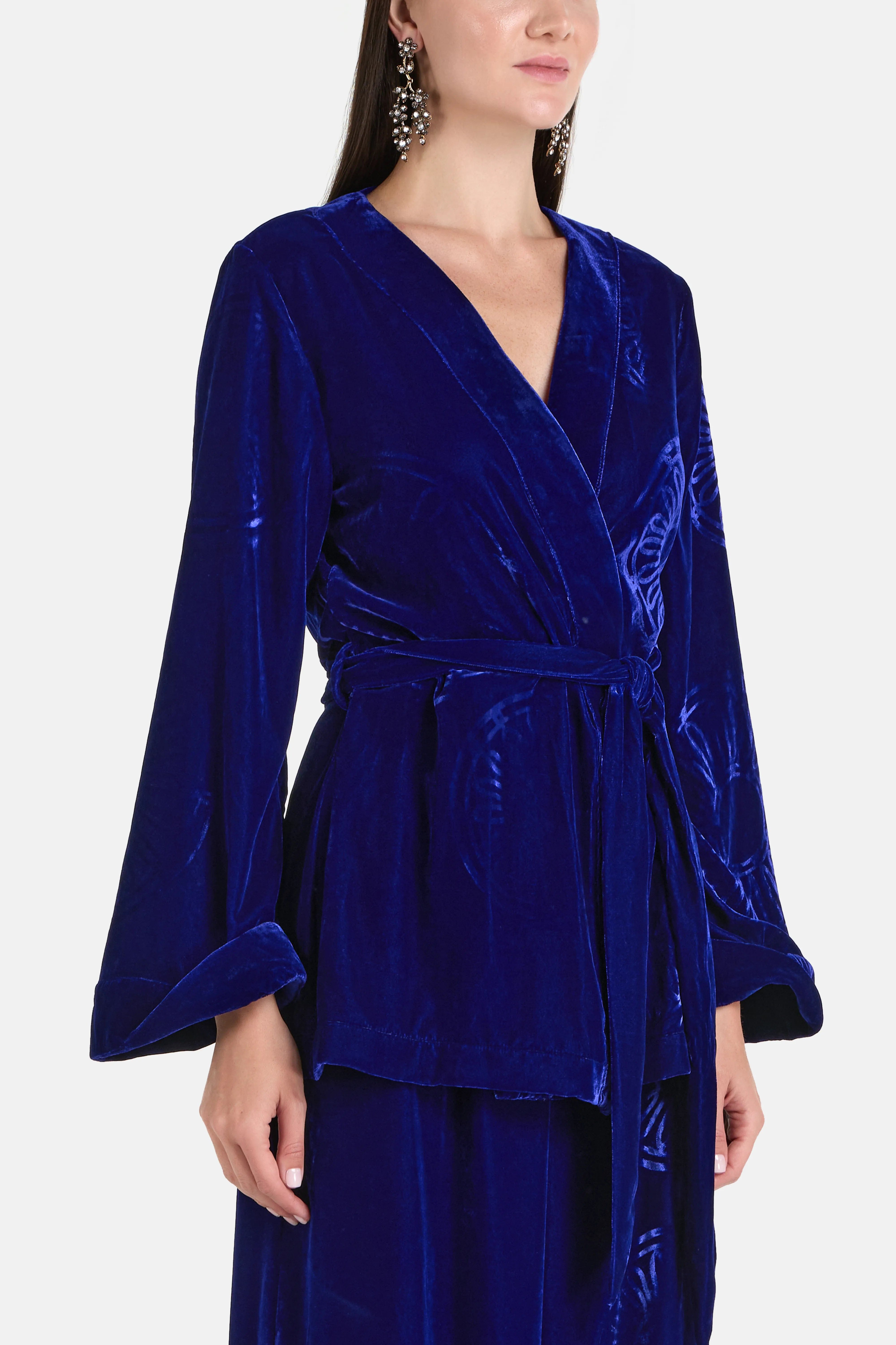 Themis Z Kyma Velvet Silk Blend Belted Kimono in Blue