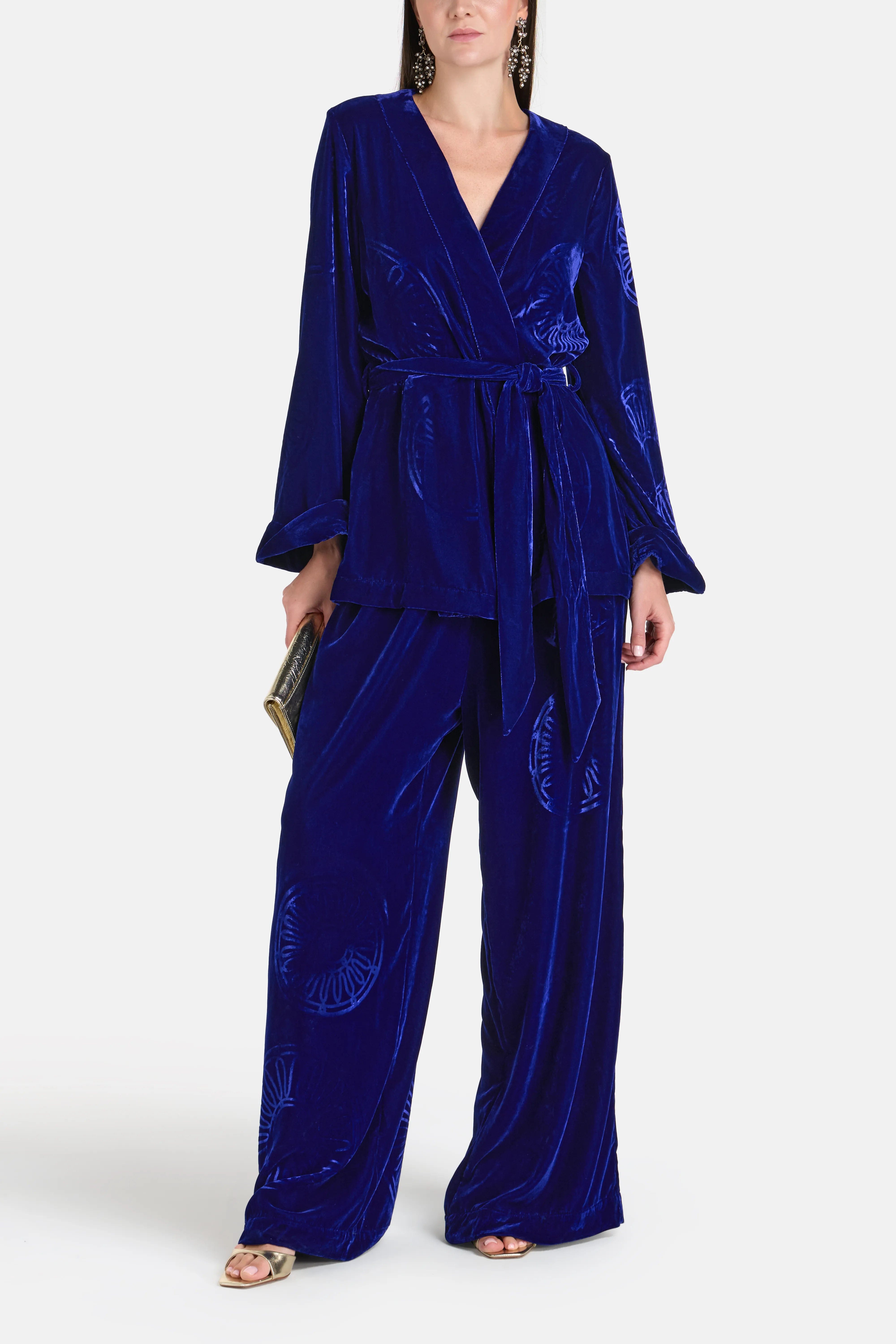 Themis Z Kyma Velvet Silk Blend Belted Kimono in Blue