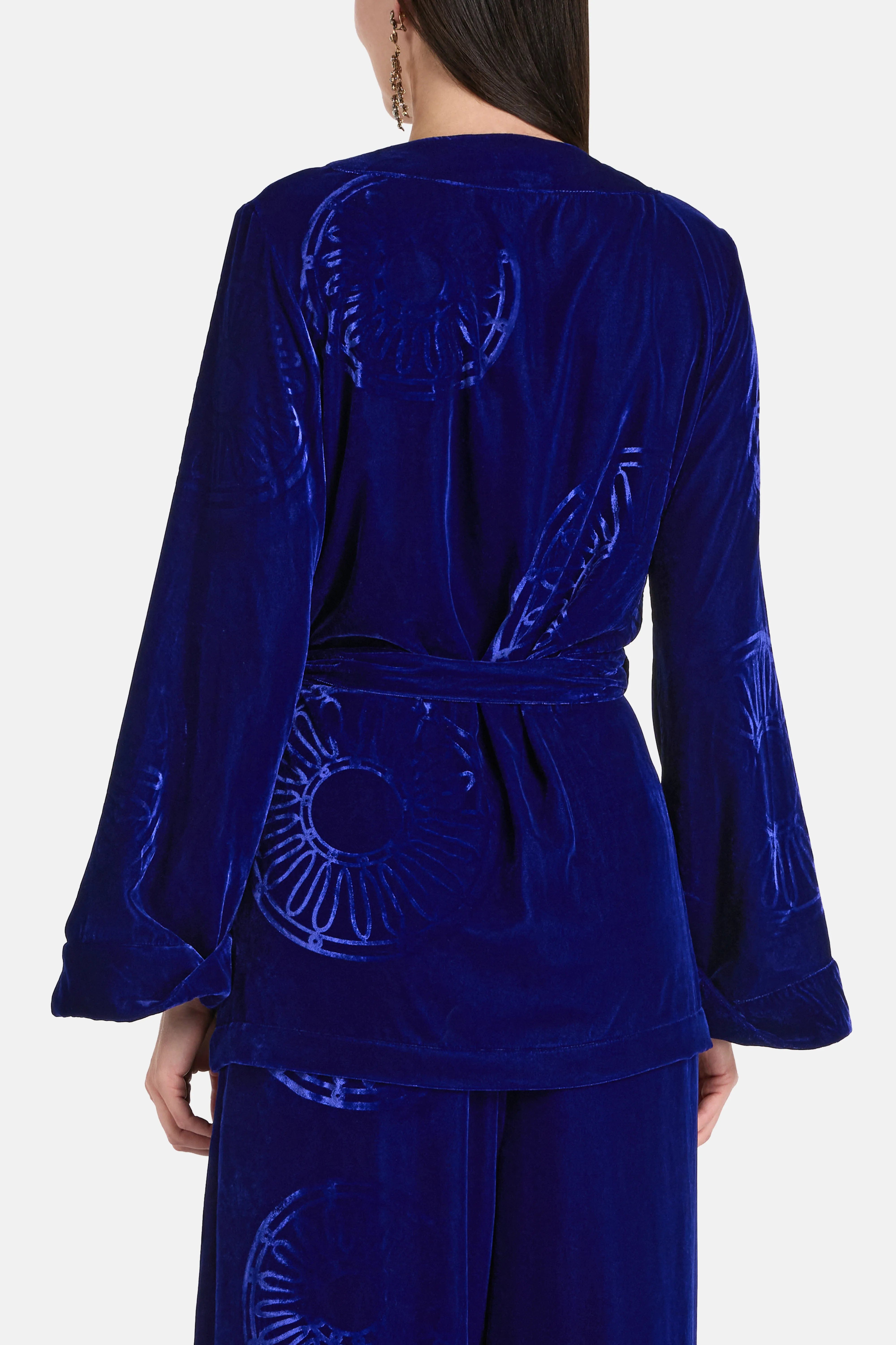 Themis Z Kyma Velvet Silk Blend Belted Kimono in Blue