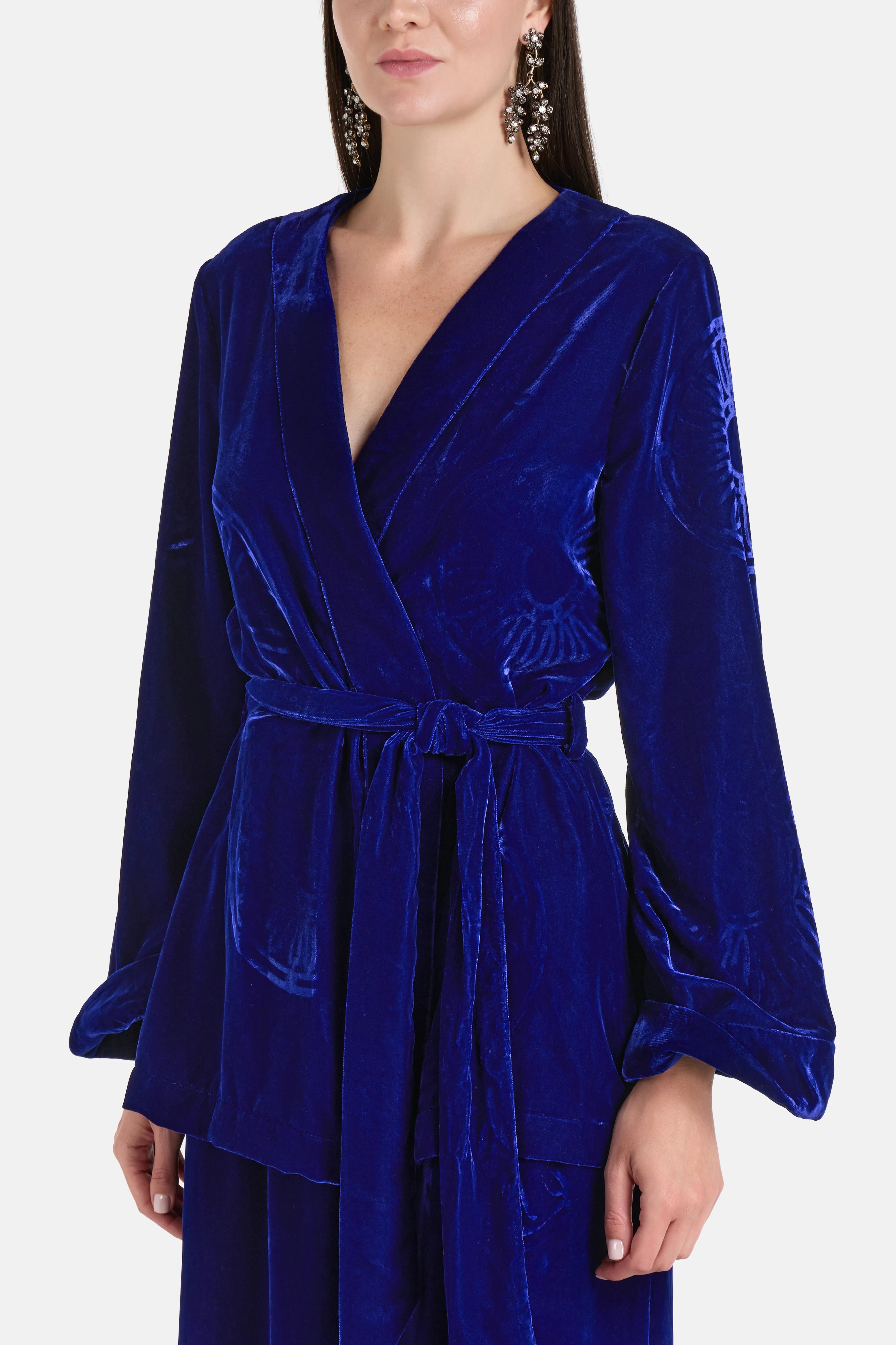 Themis Z Kyma Velvet Silk Blend Belted Kimono in Blue