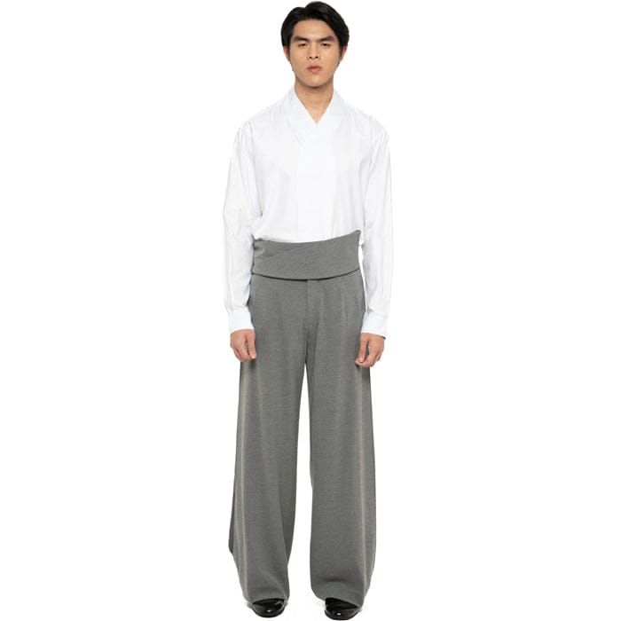 JAN SOBER GREY LOOSE LONG PANTS WITH DETACHABLE PICKED COLLAR BELT