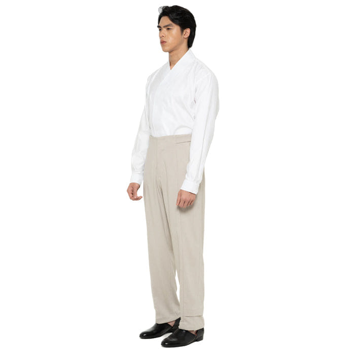 JAN SOBER BEIGE WAISTBANDLESS PANTS WITH ADJUSTER BUTTON AND STOPPER ON HEM