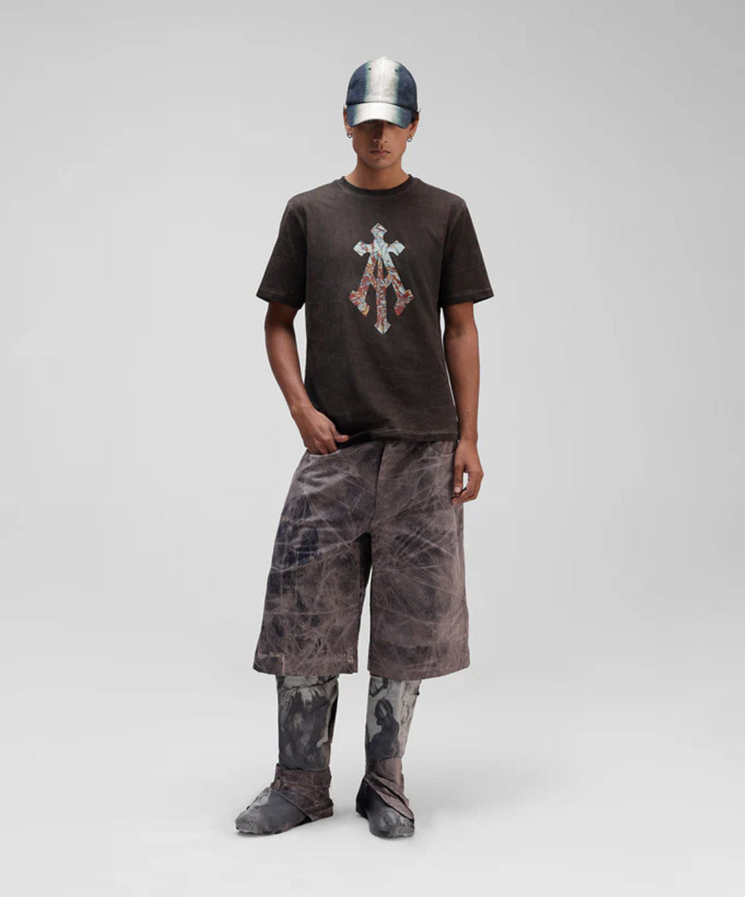 ALMOST GODS | SHATTERED ALPHA CROSS T-Shirt WITH PIGMENT WASH { BROWN