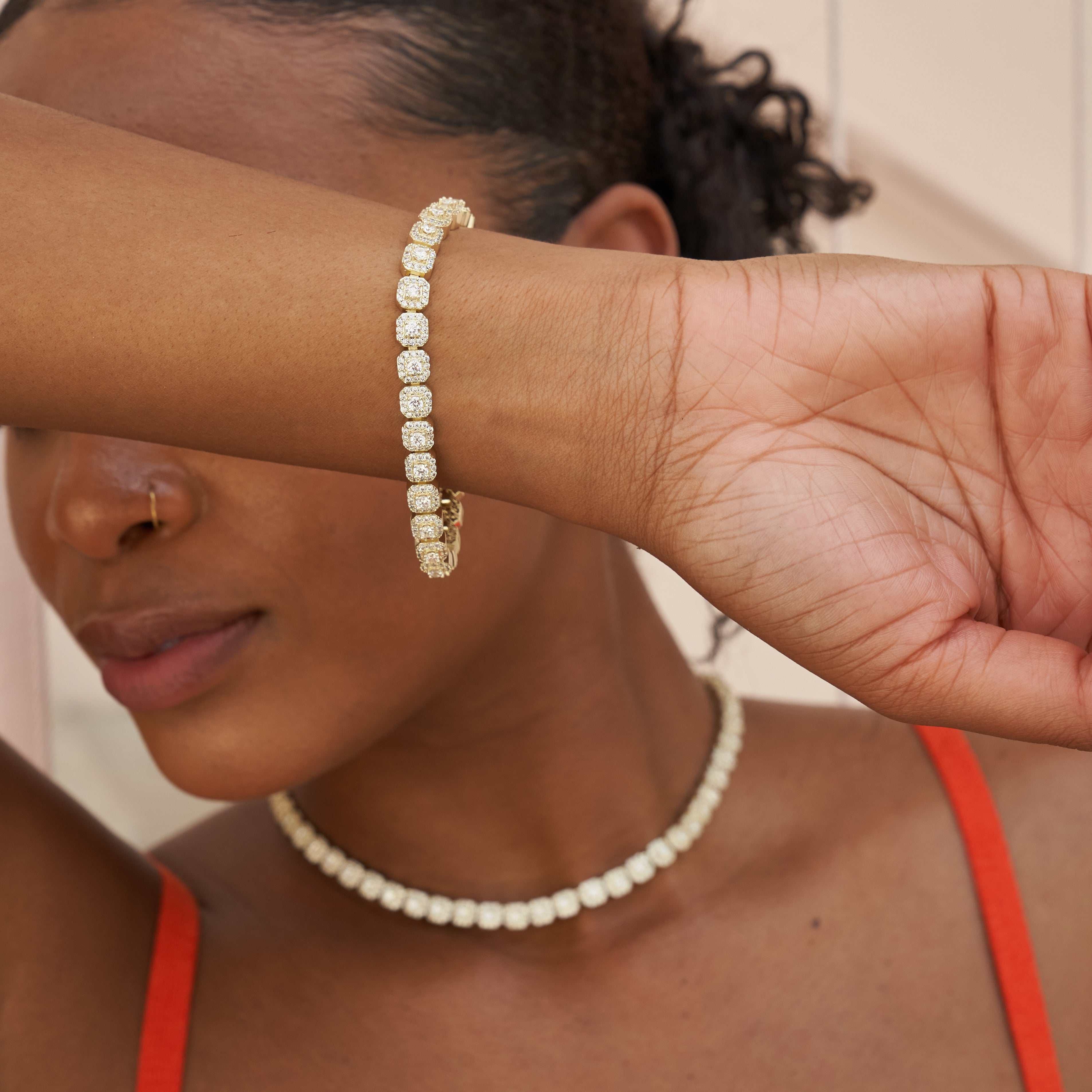 GLD Women Micro Clustered Tennis Necklace + Bracelet Bundle in Yellow Gold