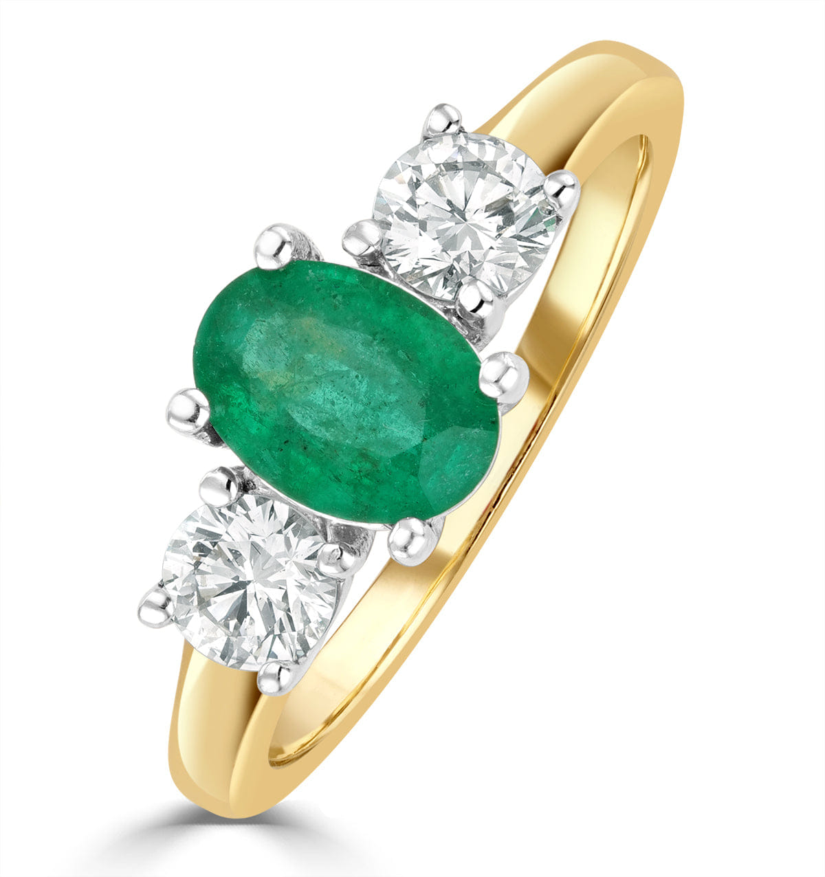 Diamond 0.70ct Oval Cut Emerald and Lab Diamond 3 Stone Ring in 9K Yellow Gold