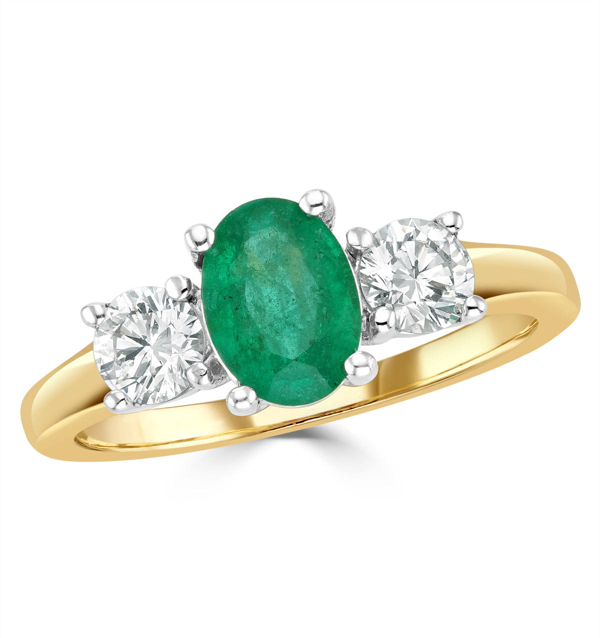 Diamond 0.70ct Oval Cut Emerald and Lab Diamond 3 Stone Ring in 9K Yellow Gold