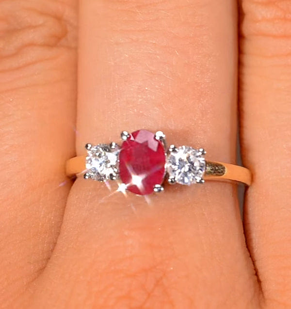 Diamond 1.15ct Oval Cut Ruby and Lab Diamond 3 Stone Ring in 9K Yellow Gold
