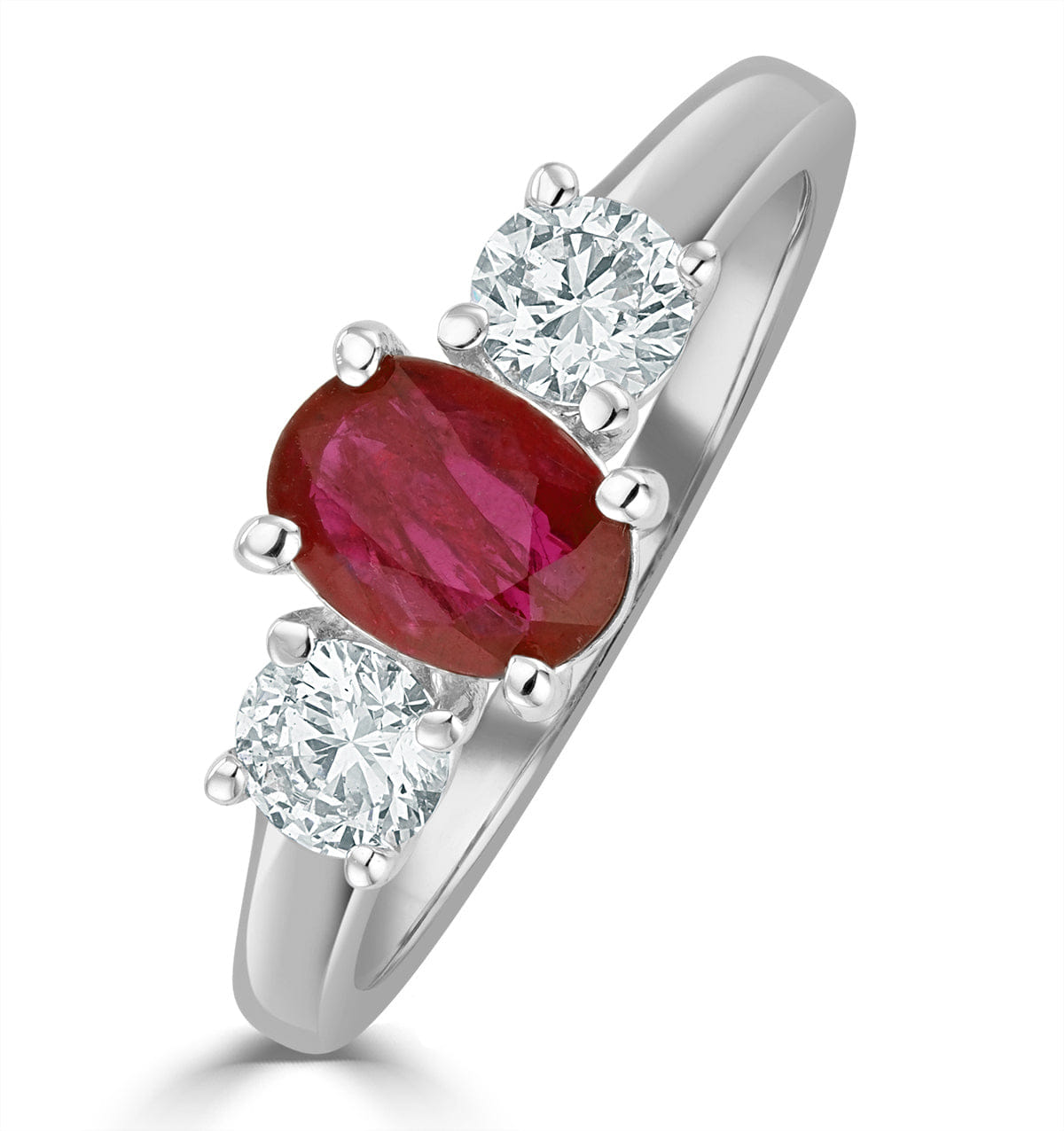 Diamond 1.15ct Oval Cut Ruby and Lab Diamond 3 Stone Ring in 9K White Gold