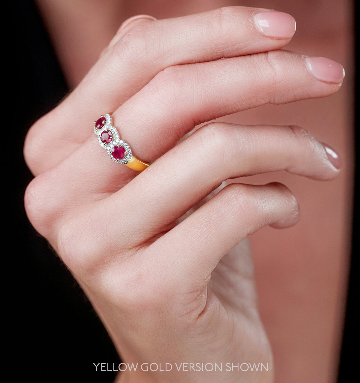Diamond Ruby and Lab Diamond Halo Trilogy Ring in 9KW Gold - Asteria