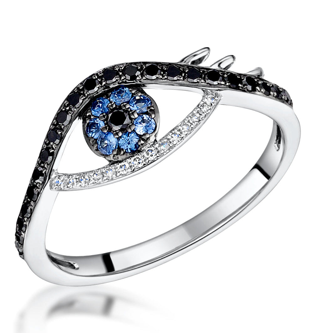 Diamond Black Diamond Sapphire Evil Eye Hamsa Stellato Ring in 9K White Gold