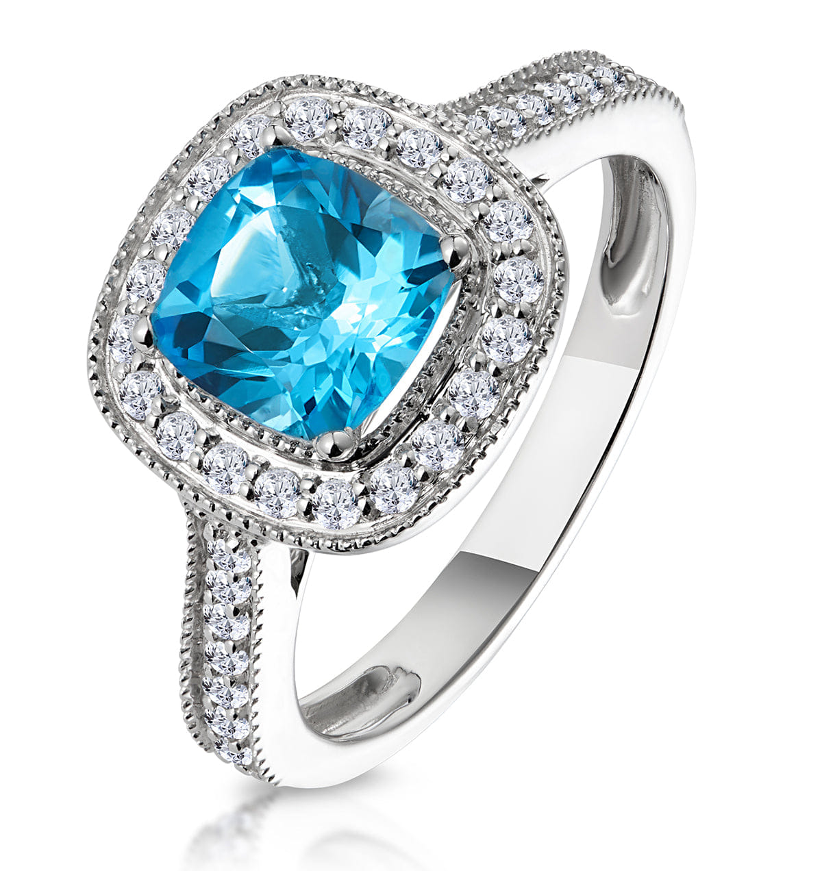 Diamond 2.50ct Cushion Blue Topaz Lab Diamond Halo Asteria Ring 9K White Gold