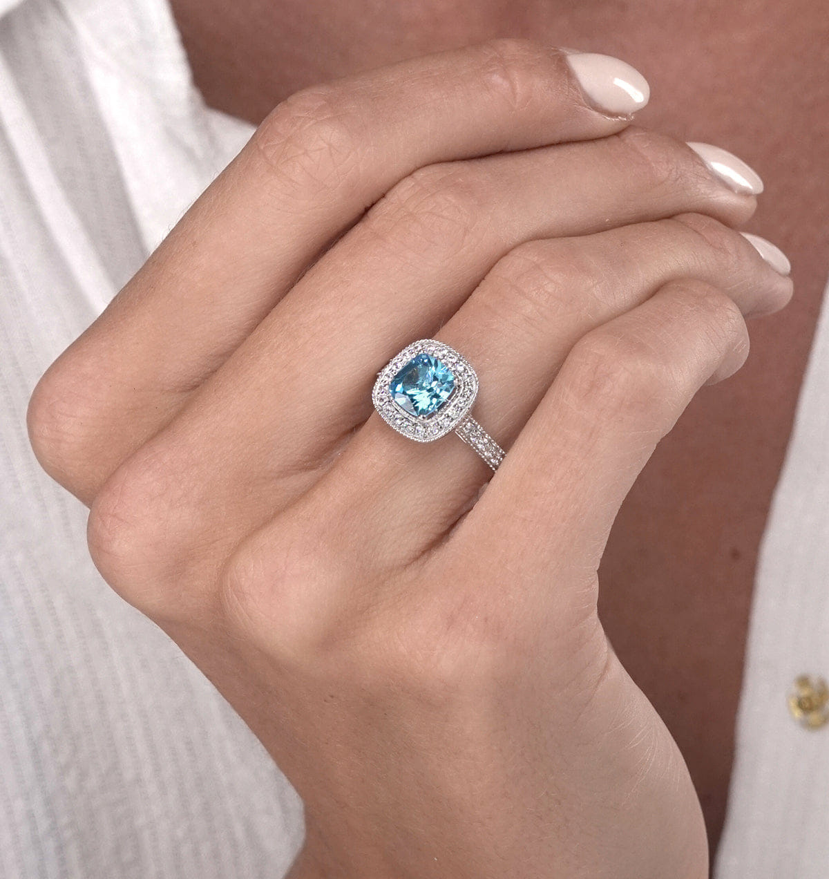 Diamond 2.50ct Cushion Blue Topaz Lab Diamond Halo Asteria Ring 9K White Gold