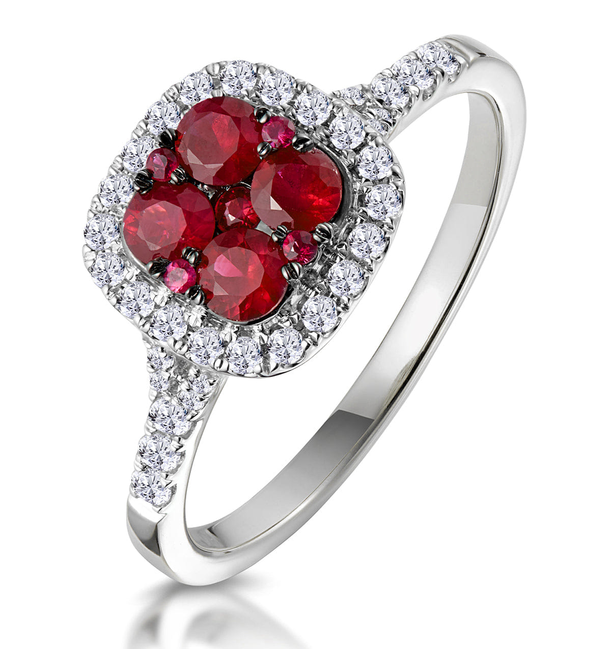 Diamond Ruby and Diamond Halo Square Ring 18K White Gold - Asteria Collection
