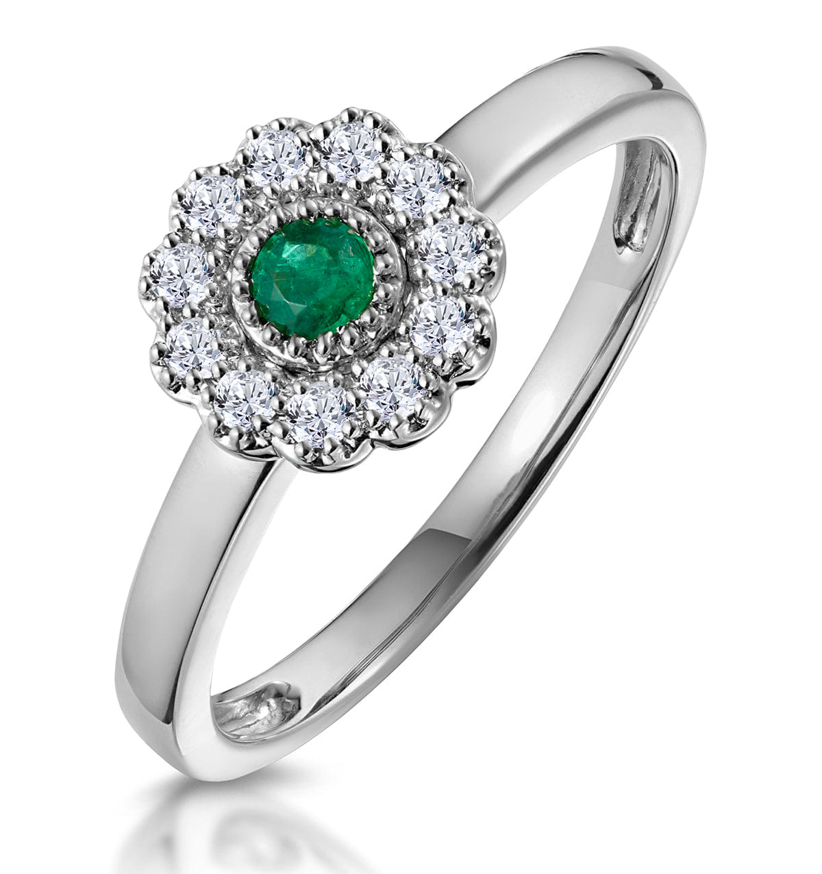 Diamond Emerald and Diamond Halo Ring in 18K White Gold - Asteria Collection