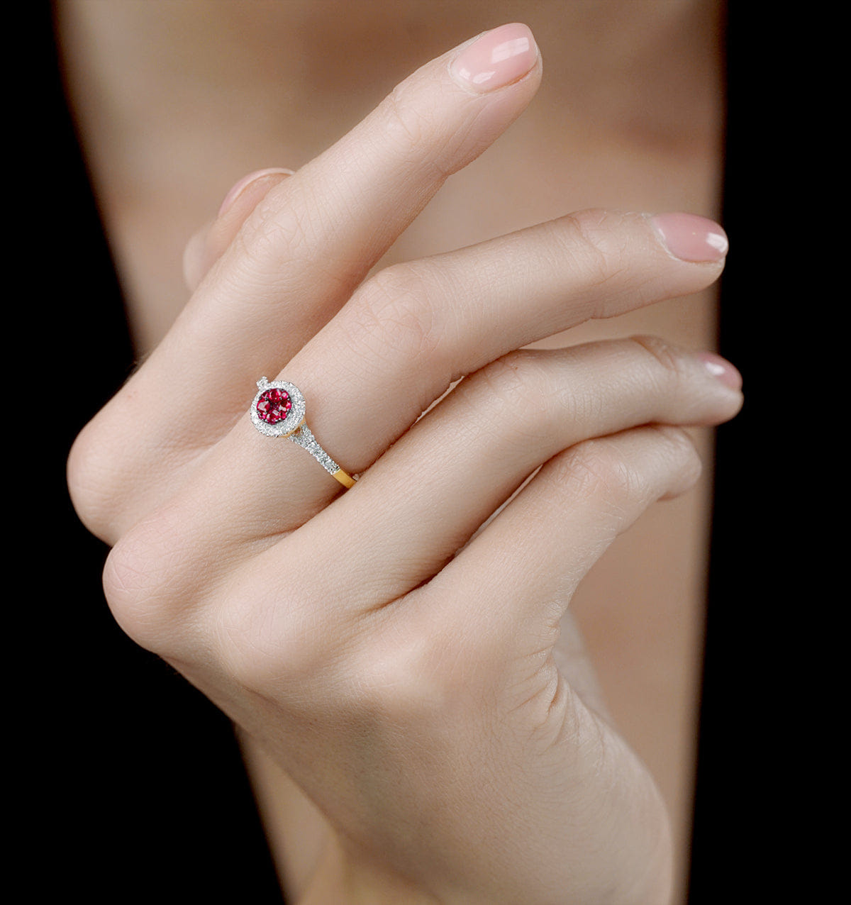 Diamond Ruby and Diamond Halo Circle Ring in 18K Gold - Asteria Collection