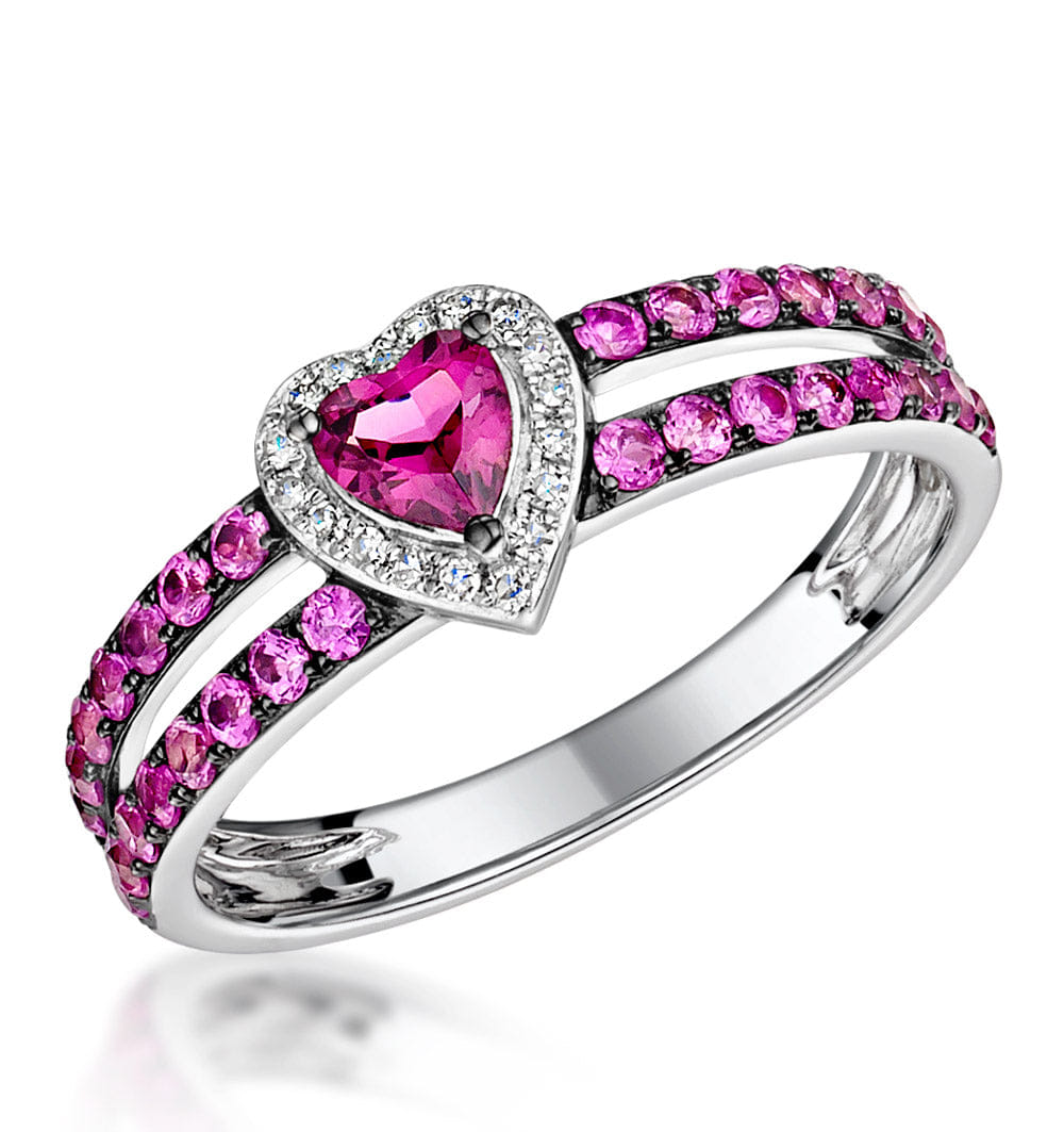 Diamond Rhodolite Pink Sapphire and Diamond Stellato Heart Ring 9K White Gold