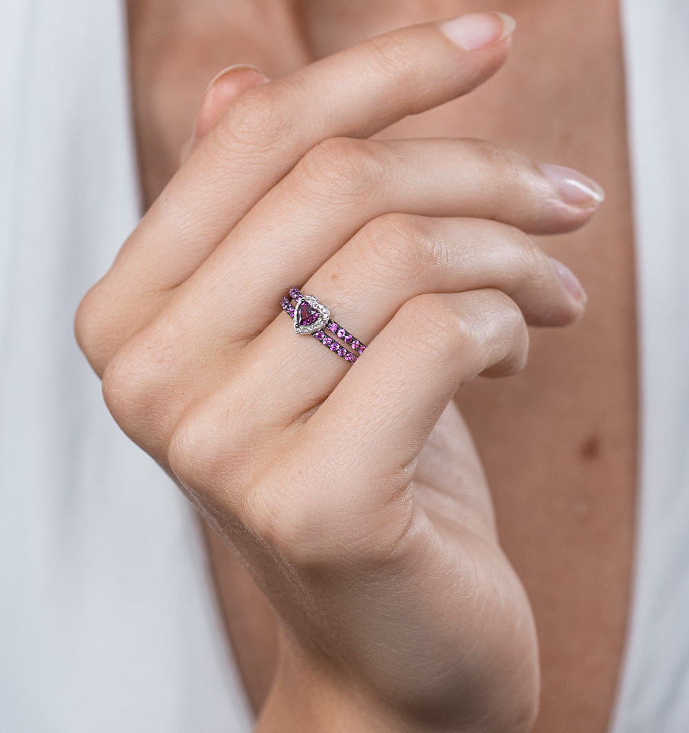 Diamond Rhodolite Pink Sapphire and Diamond Stellato Heart Ring 9K White Gold
