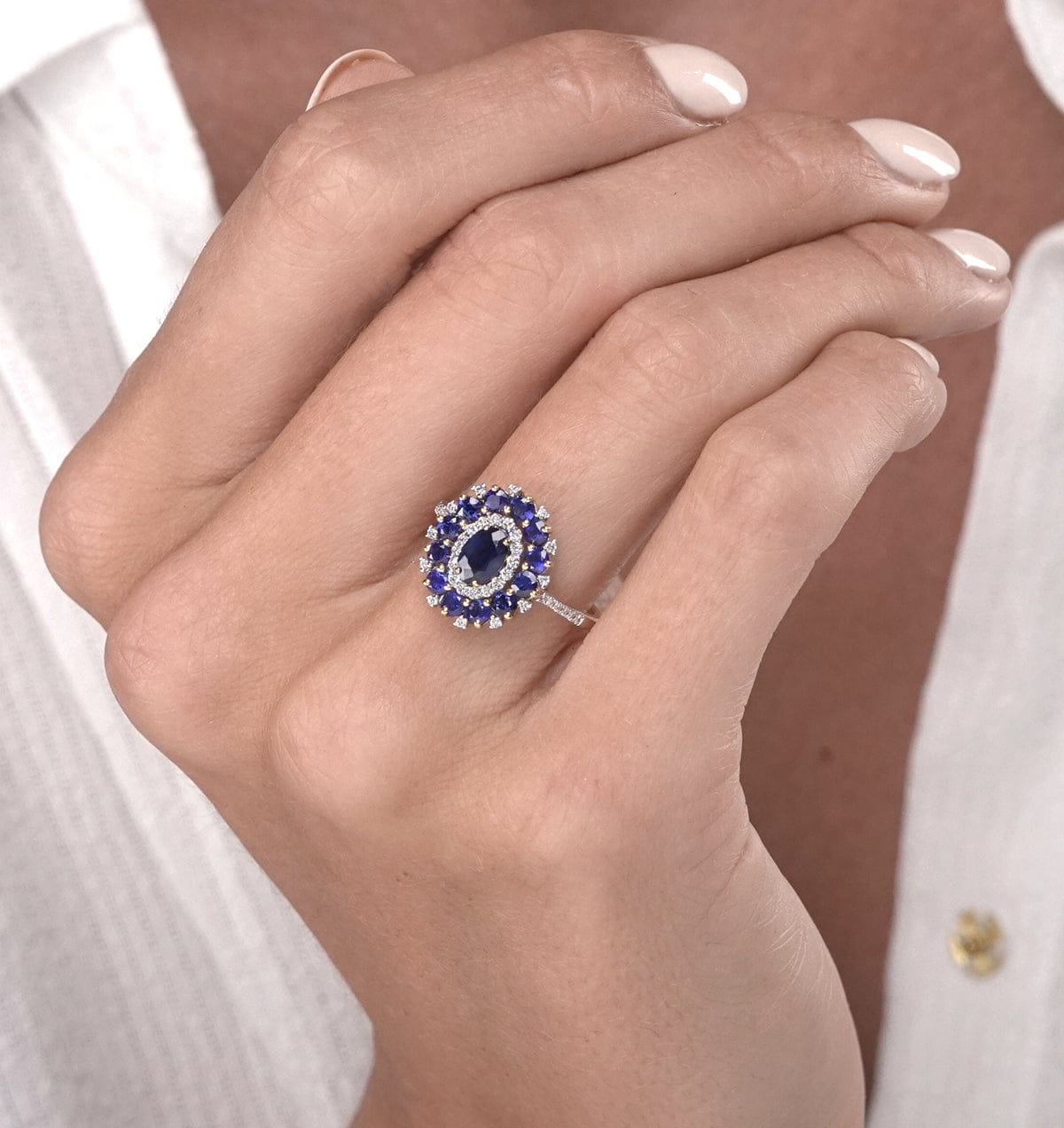 Diamond 1.55ct Sapphire Lab Diamond Halo Ring in 9K White Gold - Asteria