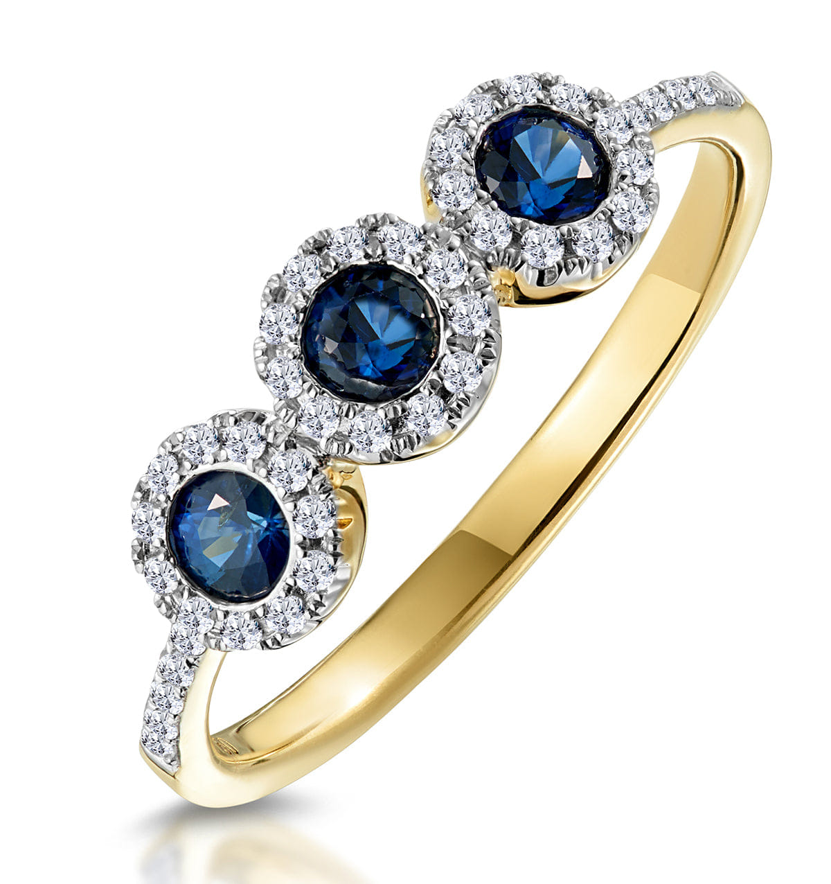 Diamond Sapphire and Lab Diamond Halo Trilogy Ring 9K Gold - Asteria