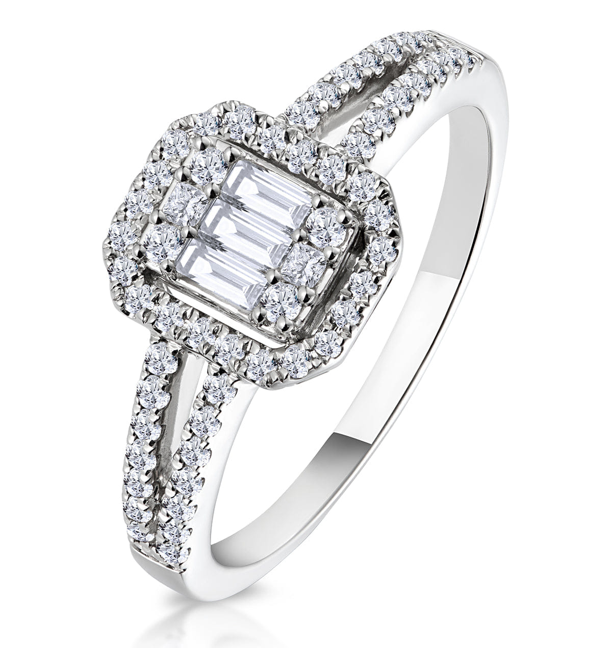 Diamond 0.50ct Halo Baguette Diamond Ring Asteria Collection in 18K White Gold