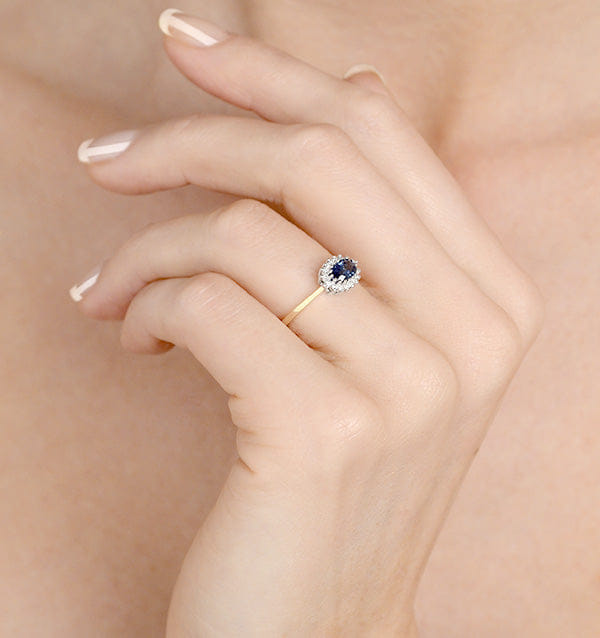 Diamond Sapphire 6 x 4 mm And Diamond Ring 9K Yellow Gold
