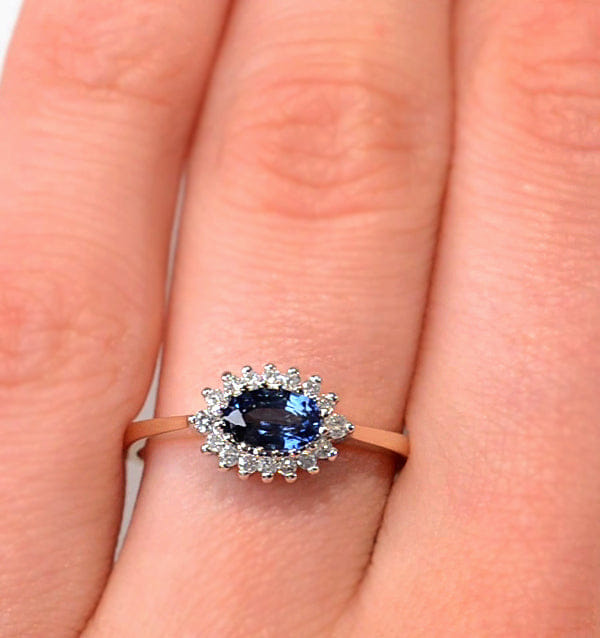 Diamond Sapphire 6 x 4 mm And Diamond Ring 9K Yellow Gold