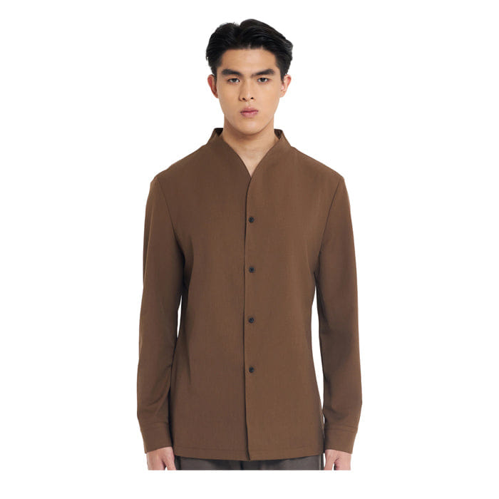 JAN SOBER BROWN COLLARLESS LONG - SLEEVE SHIRT WITH VISIBLE BUTTONS – SLIM FIT