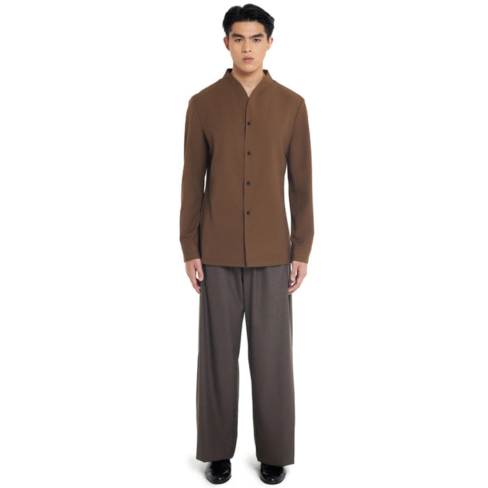 JAN SOBER BROWN COLLARLESS LONG - SLEEVE SHIRT WITH VISIBLE BUTTONS – SLIM FIT