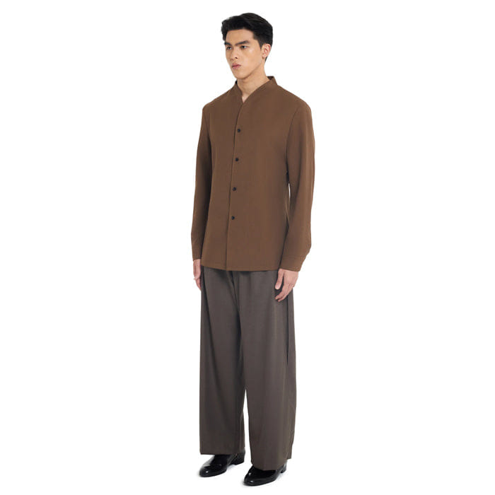 JAN SOBER BROWN COLLARLESS LONG - SLEEVE SHIRT WITH VISIBLE BUTTONS – SLIM FIT