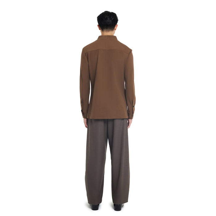 JAN SOBER BROWN COLLARLESS LONG - SLEEVE SHIRT WITH VISIBLE BUTTONS – SLIM FIT